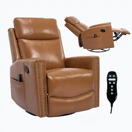 Front. LUCKY ONE - Genuine Leather Manual Recliner Chair with 360° Swivel, Rocker, Heat Massage - Light Yellow.