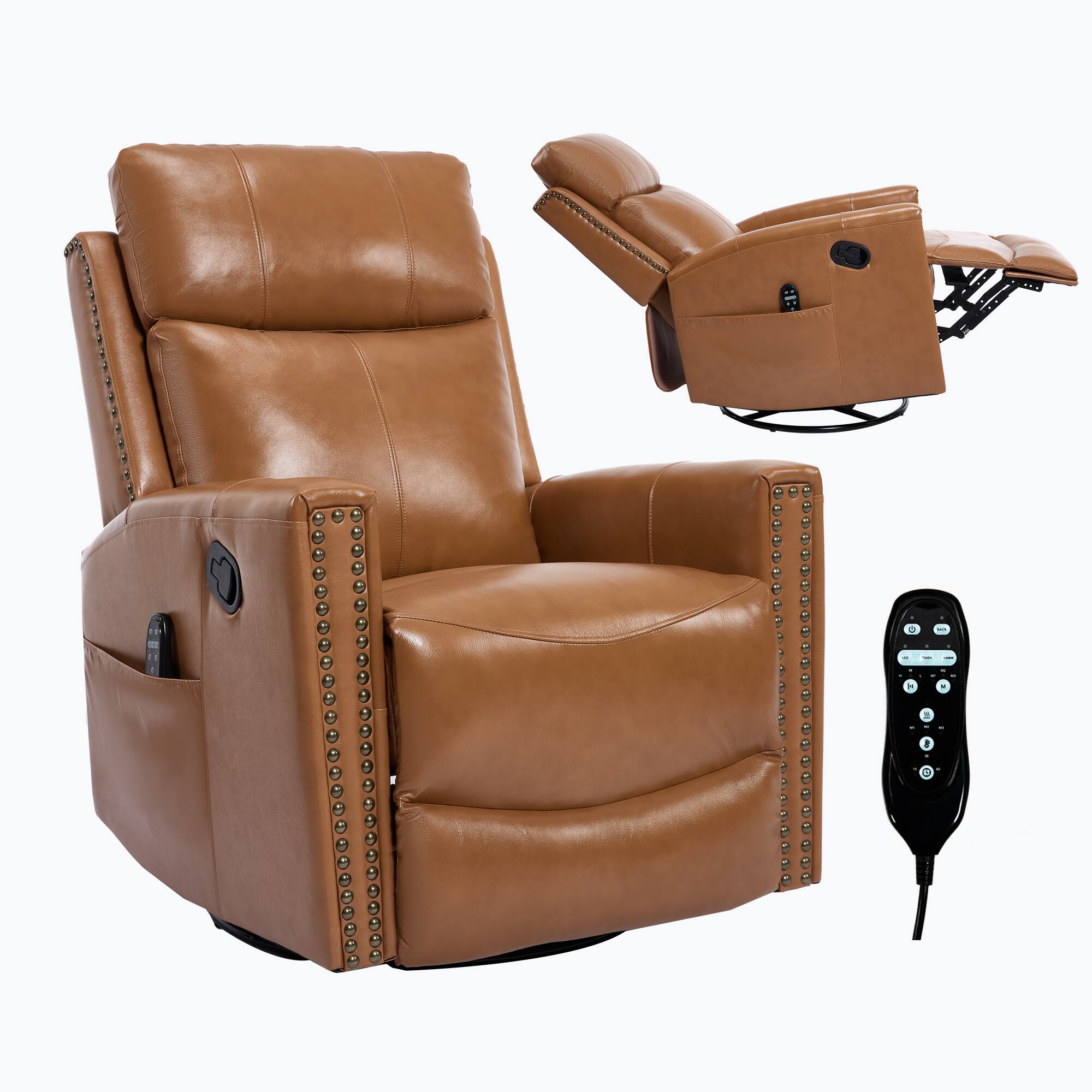 Front. LUCKY ONE - Genuine Leather Manual Recliner Chair with 360° Swivel, Rocker, Heat Massage - Light Yellow.
