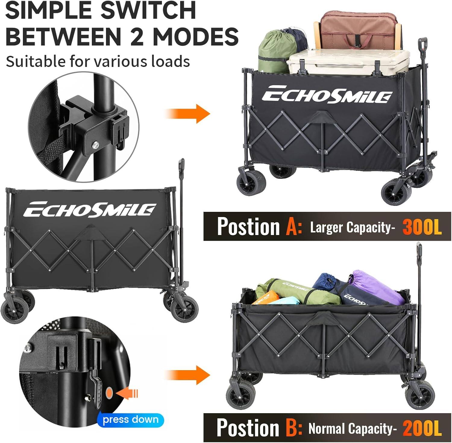 SIMPLE SWITCH BETWEEN 2 MODES Suitable for various loads ECHOSMILE ECHOSMILE Postion A: Larger Capacity- 300L press down Postion B: Normal Capacity- 200L