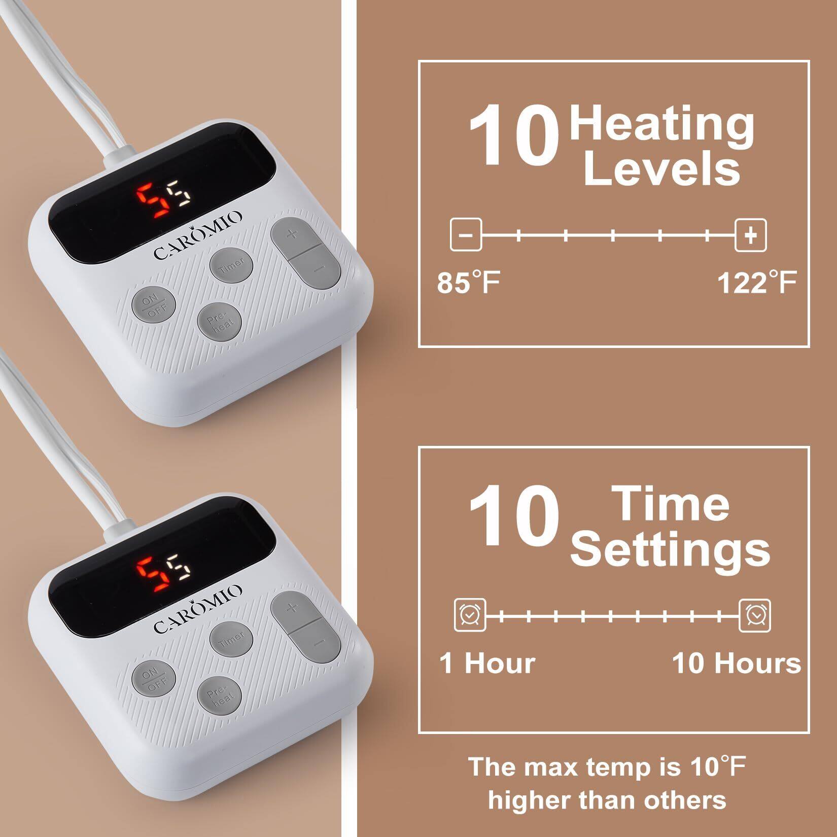 CAROMIO Timer

10 Heating Levels
85°F - 122°F

10 Time Settings
1 Hour - 10 Hours

The max temp is 10°F higher than others