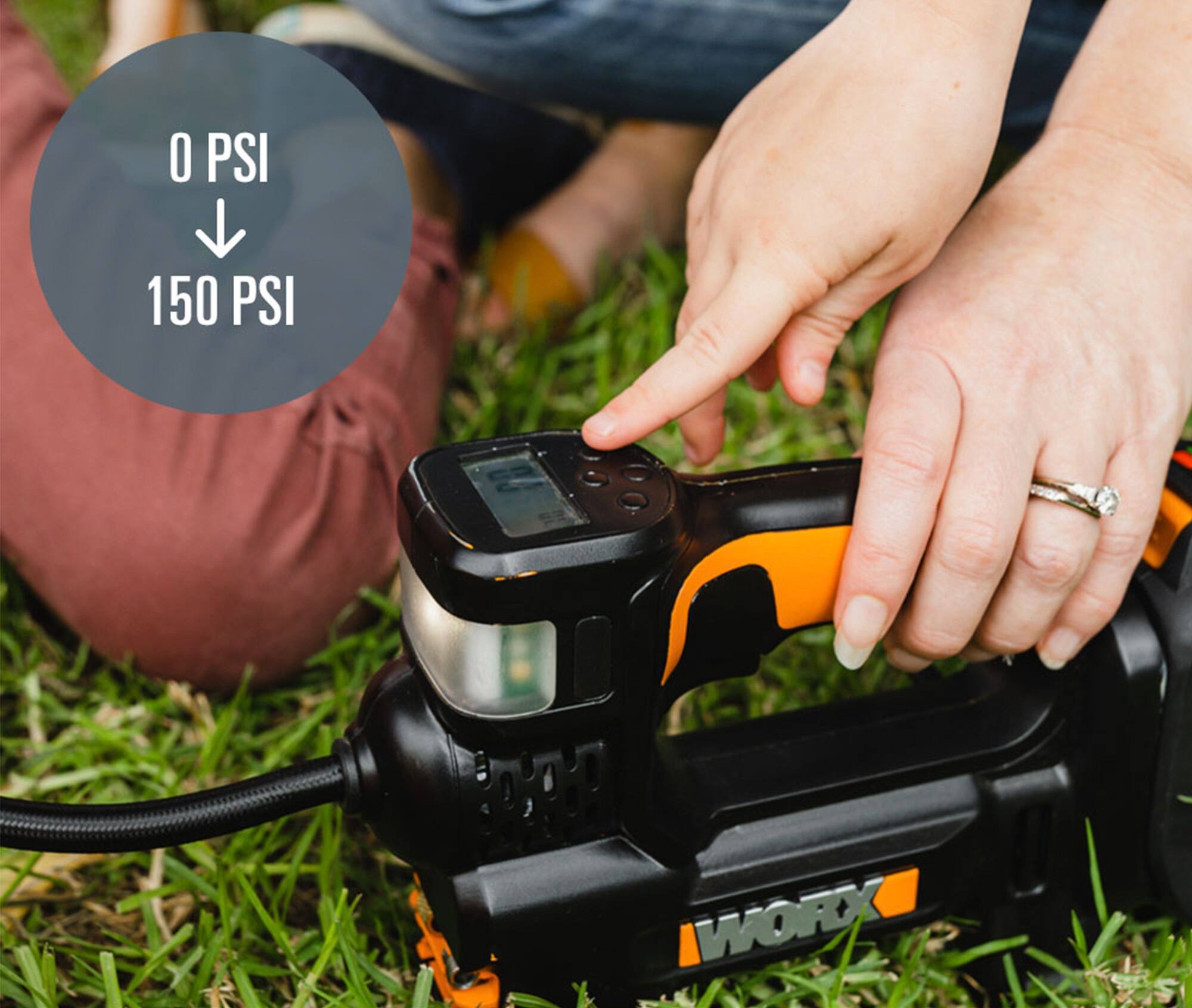 The text on the image is "O PSI 150 PSI WORX." The correct grouping of these words would be "WORX 150 PSI."