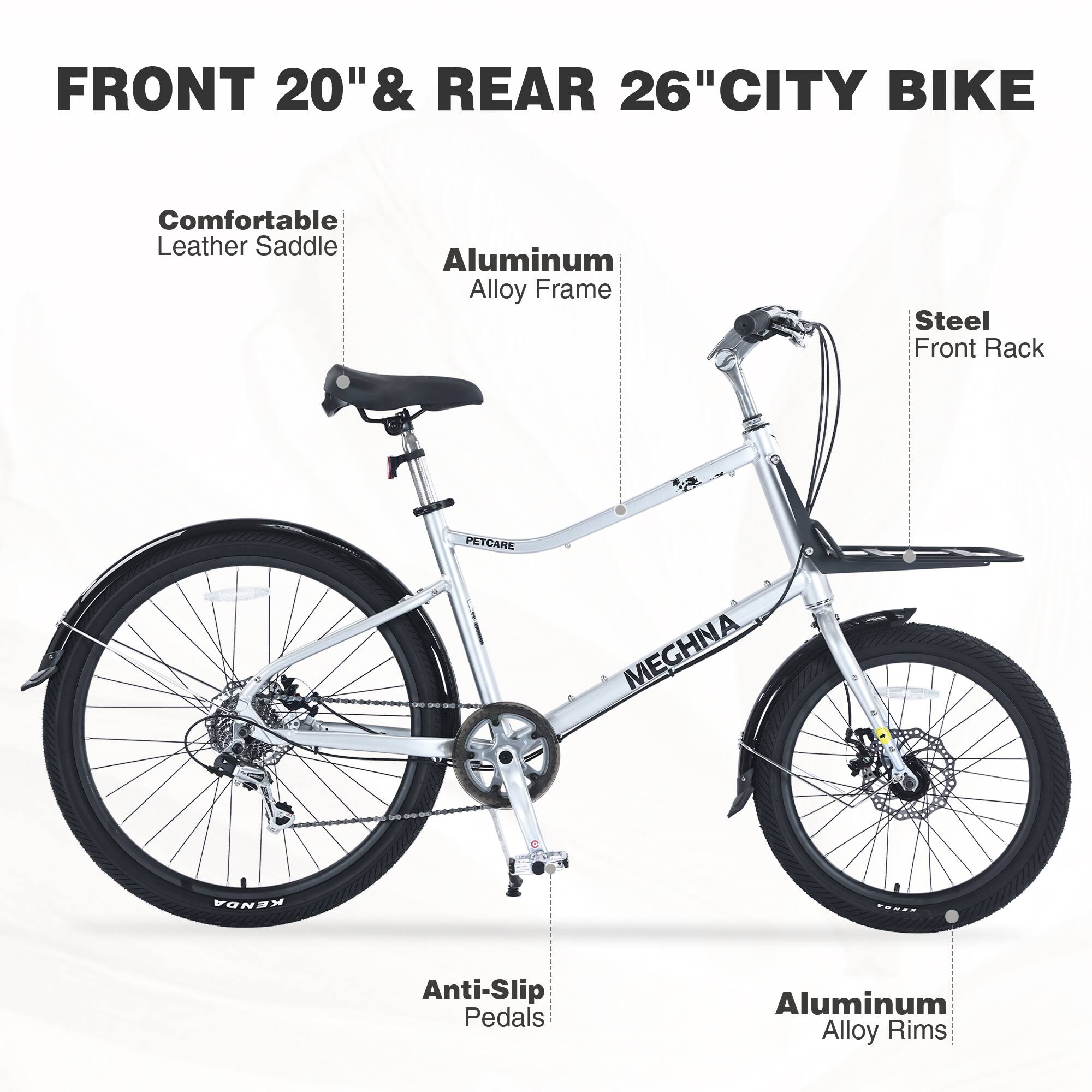 FRONT 20" & REAR 26" CITY BIKE

- Comfortable Leather Saddle
- Aluminum Alloy Frame
- Steel Front Rack
- Anti-Slip Pedals
- Aluminum Alloy Rims