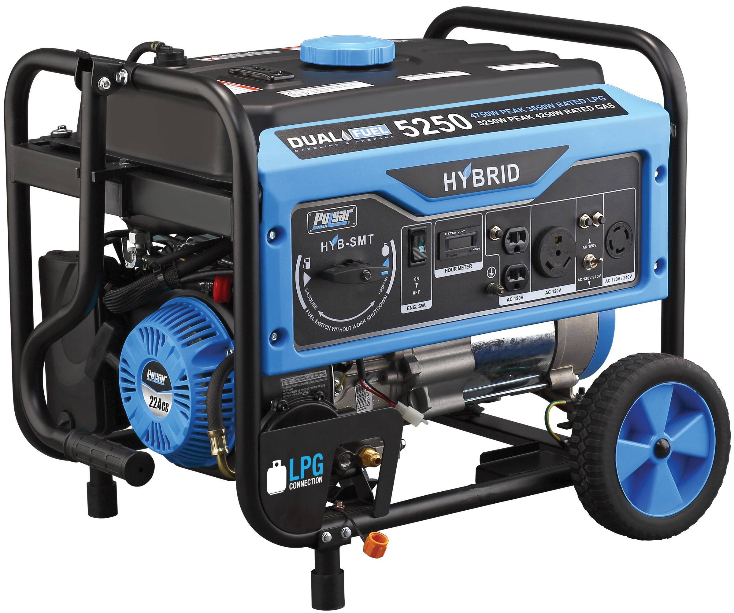 RATED LPG PEAK 5250W  
RATED GAS PEAK 4258W  
5250  
5250N4  
FUEL DUAL  
HYBRID  
Pu sar ST1P HYB-SMT  
HOUR METER  
FUEL SWITCH WITHOUT WORK  
LPG CONNECTION  
224cc