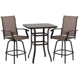 Nuu Garden - Outdoor Patio Swivel Bar Stool Set with Glass Table, All-Weather Textilene - Black and Brown