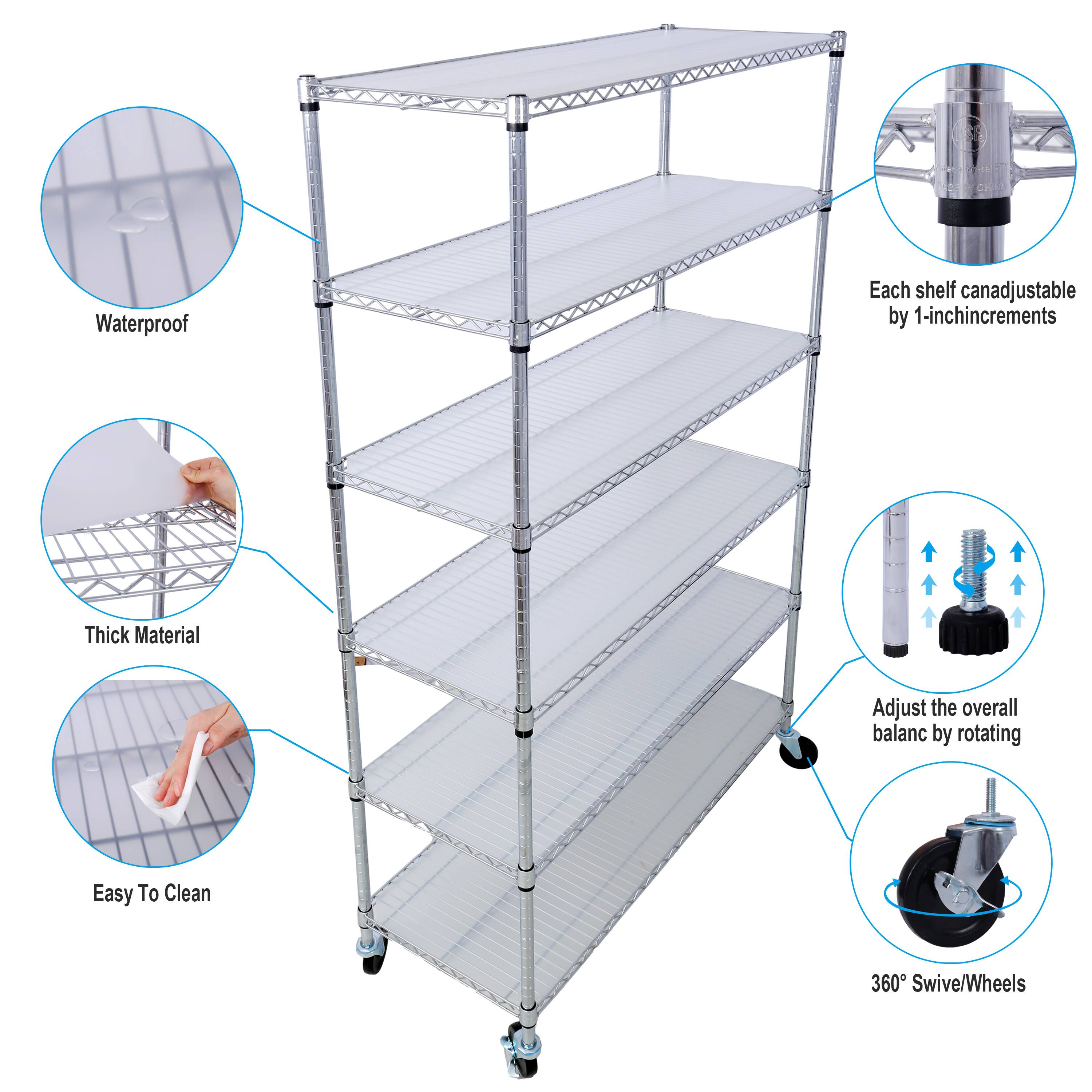 Waterproof  
Each shelf can be adjustable by 1-inch increments  
Thick Material  
Adjust the overall balance by rotating  
Easy To Clean  
360° Swivel/Wheels