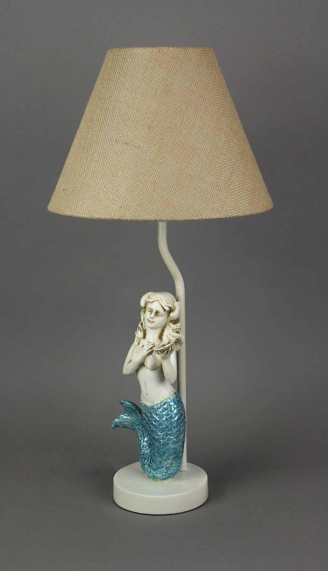 Alt View 1. Zeckos - Set of 2 Blue Glitter Tail Mermaid Table Lamps Coastal Beach Decor Burlap Shades - Beige.