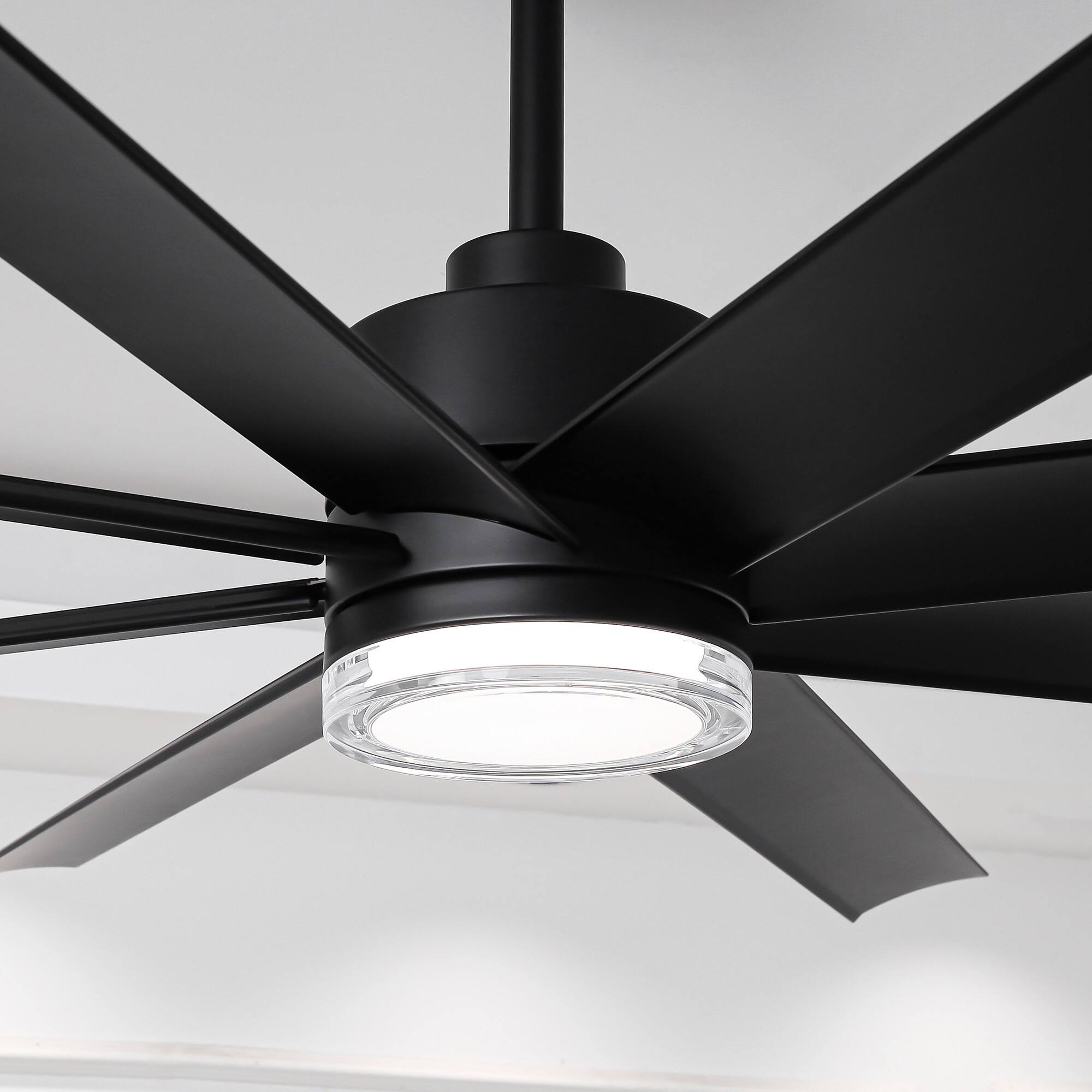 Left. Parrot Uncle - 72" Modern Black Clear Acrylic Lens Smart Ceiling Fan with Light and Remote, App Control, Voice Control - Black.
