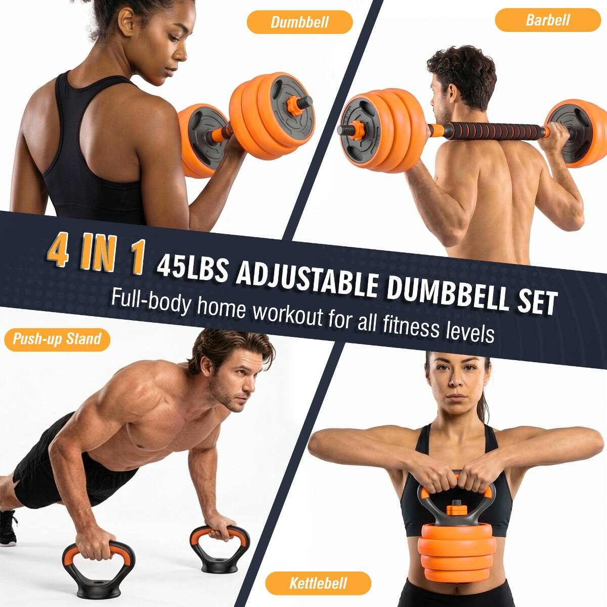 Dumbbell Barbell 4 IN 1 45LBS ADJUSTABLE DUMBBELL Full-body home workout SET for all fitness levels Push-up Stand Kettlebell