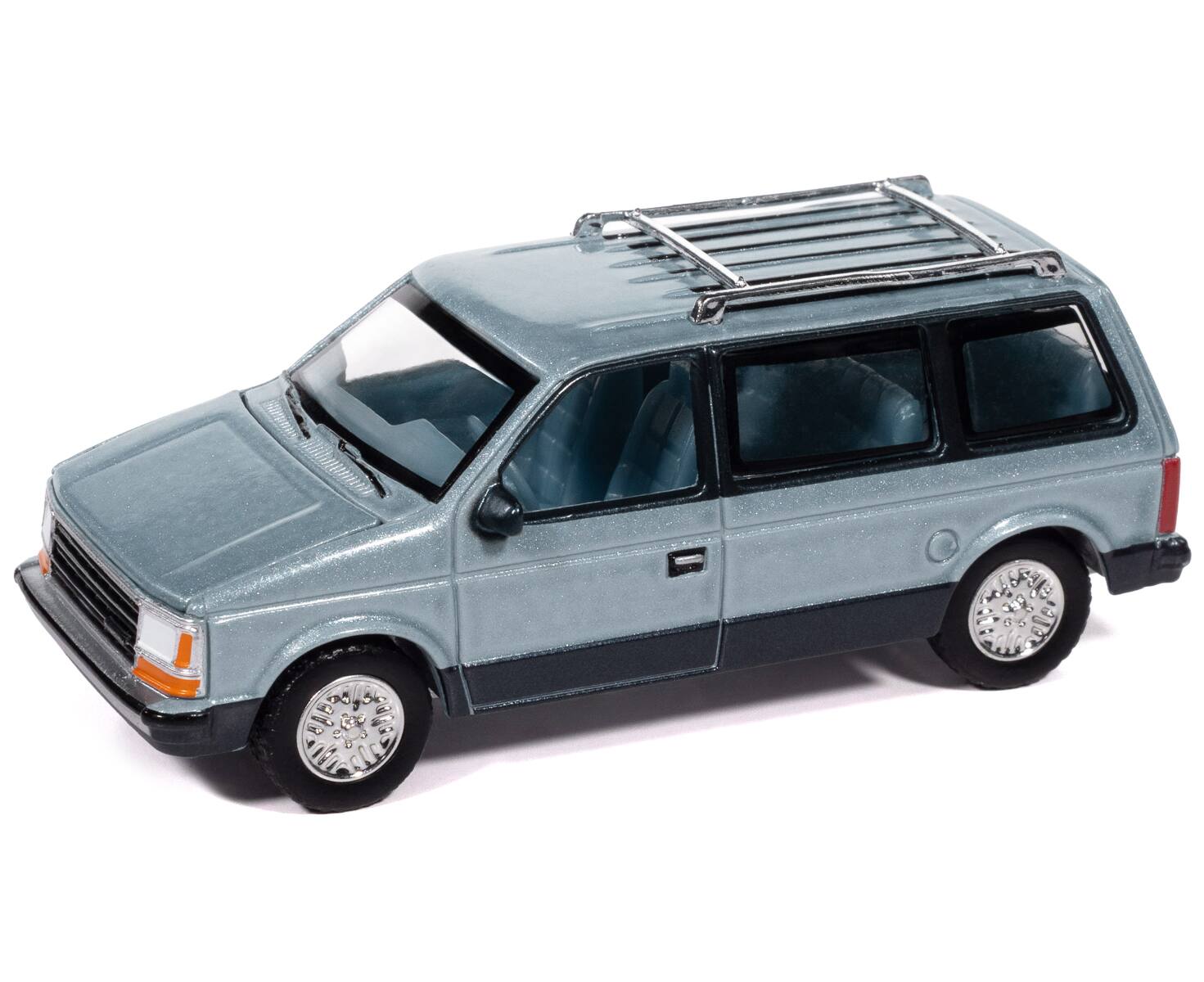 Left. Autoworld - 1987 Plymouth Voyager Van Ice Blue & Twilight Blue 2-Tone w/ Blue Interior 1/64 Diecast "Mighty Minivans" Auto World - Blue Metallic.
