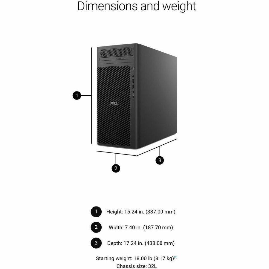 Dimensions and weight

1. Height: 15.24 in. (387.00 mm)
2. Width: 7.40 in. (187.70 mm)
3. Depth: 17.24 in. (438.00 mm)

Starting weight: 18.00 lb (8.17 kg)

Chassis size: 32L