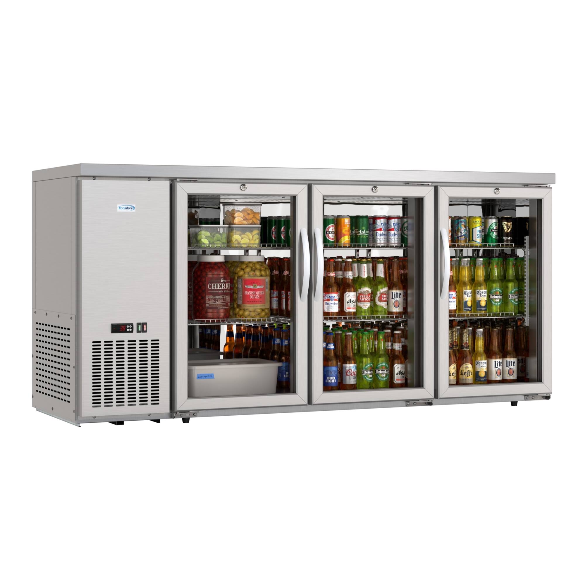 The refrigerator is filled with a variety of drinks, including beer and soda. There are multiple bottles of beer and soda inside the refrigerator, with some of the bottles placed on the top shelves and others on the bottom shelves. The refrigerator is well-stocked and ready for use.