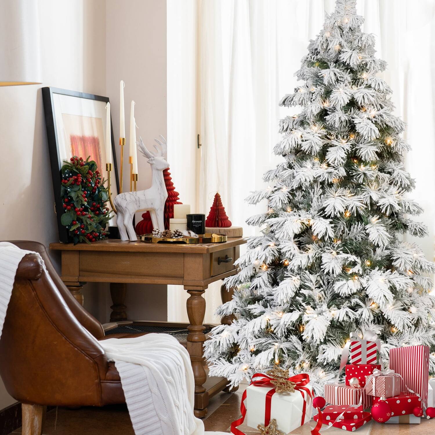 Angle. Pefilos - 5ft LED Flock Christmas Tree with 375PE/PVC Mixed Branch Tips, Hinged Foldable Base for Indoor Holiday Decor - White.