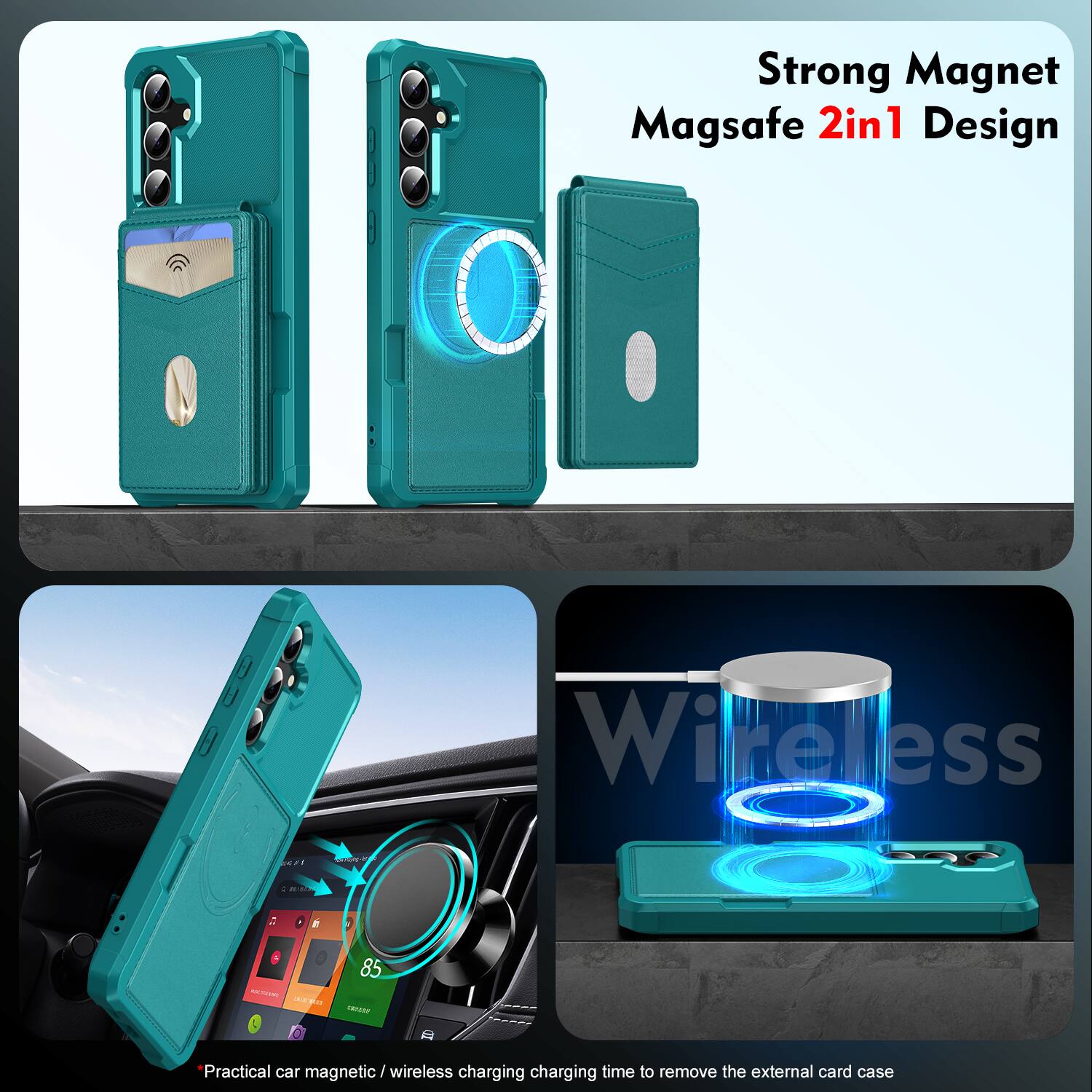 Strong Magnet Magsafe 2in1 Design Wireless

Practical car magnetic / wireless charging charging time to remove the external card case