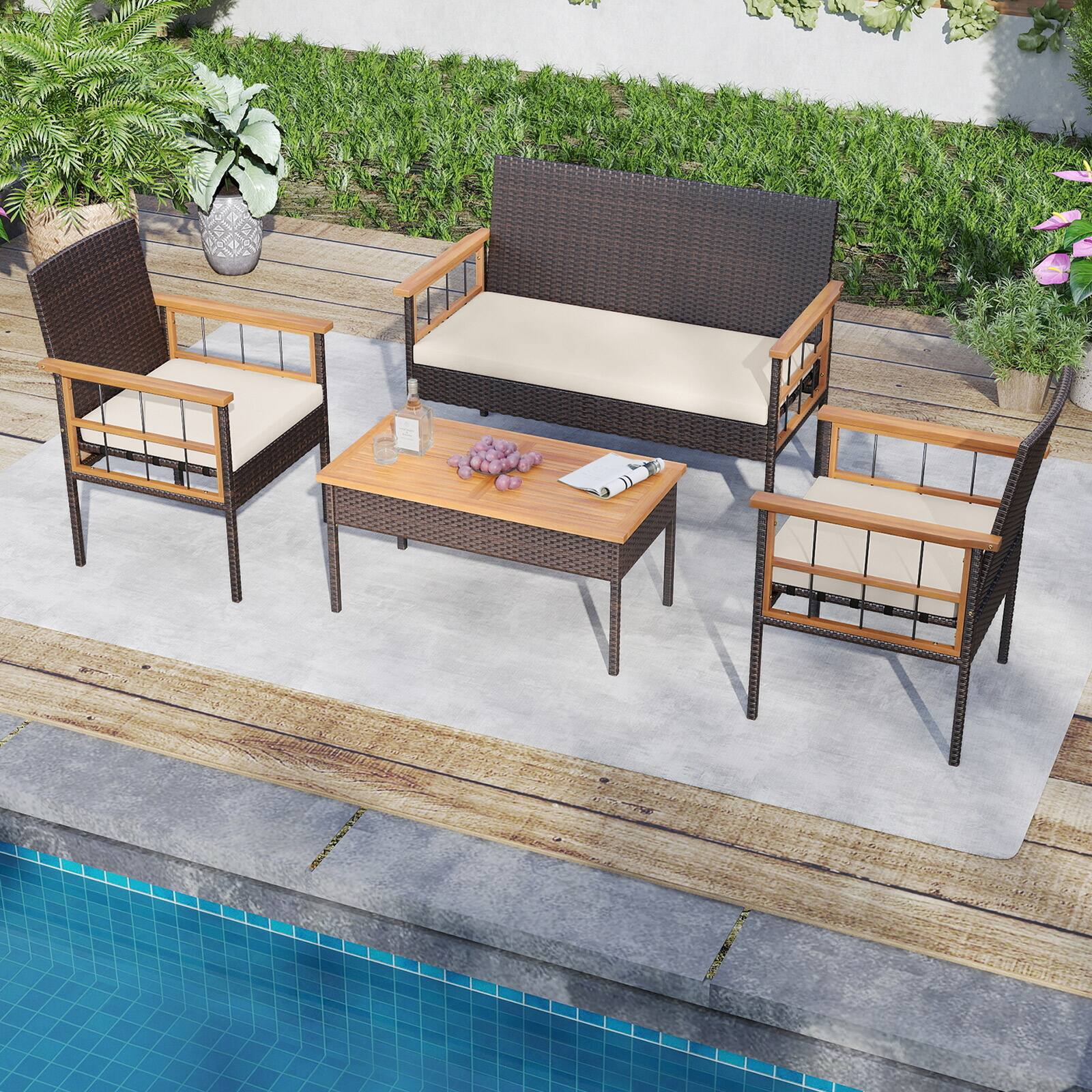 Alt View 4. Gymax - Gymax Set of 4 Wicker Furniture Set w/Acacia Wood Tabletop Armrests Cushions for Backyard White - Brown.