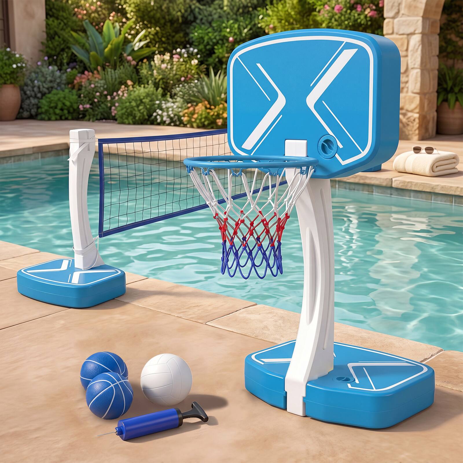 Alt View 3. Costway - Costway 2-in-1 Pool Basketball Hoop & Pool Volleyball Net with Weighted Base, 2 Basketballs - Blue + Red.