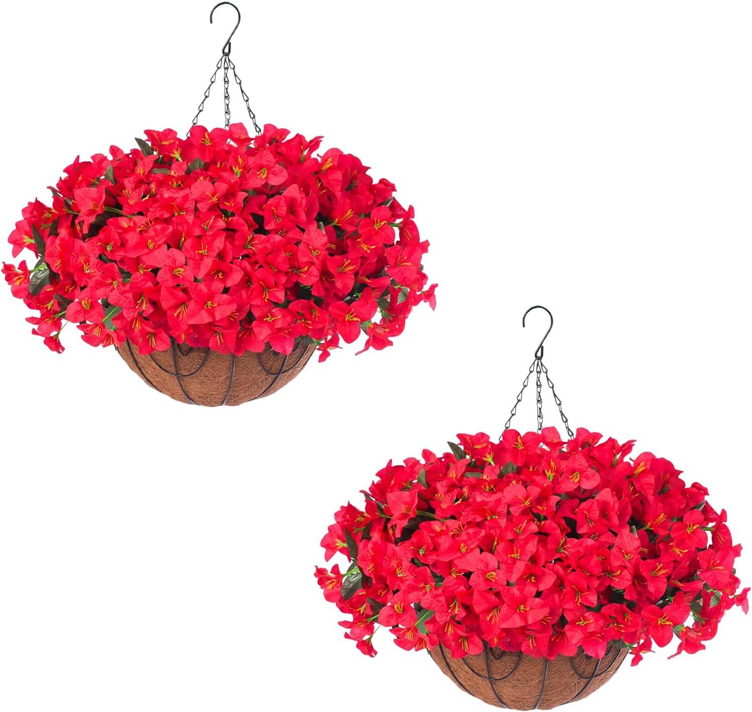 Front. Homhougo - Artificial Geraniums Hanging Baskets, 2 Pack Faux Outdoor Flowers Hanging Plants, 12 PCS Lifelike Geraniums for Front - Red.