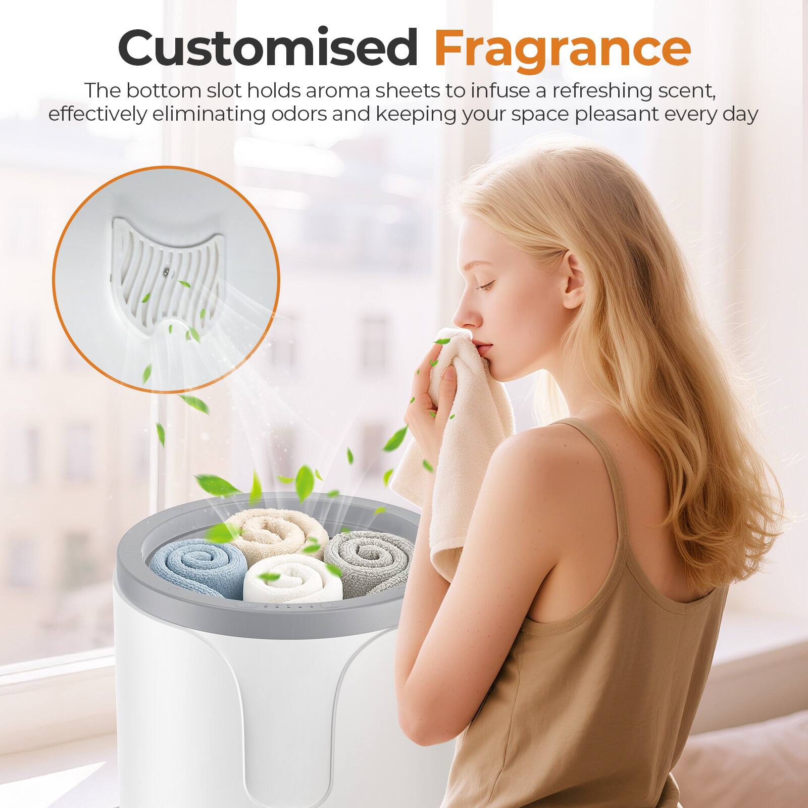 Customised Fragrance

The bottom slot holds aroma sheets to infuse a refreshing scent, effectively eliminating odors and keeping your space pleasant every day.