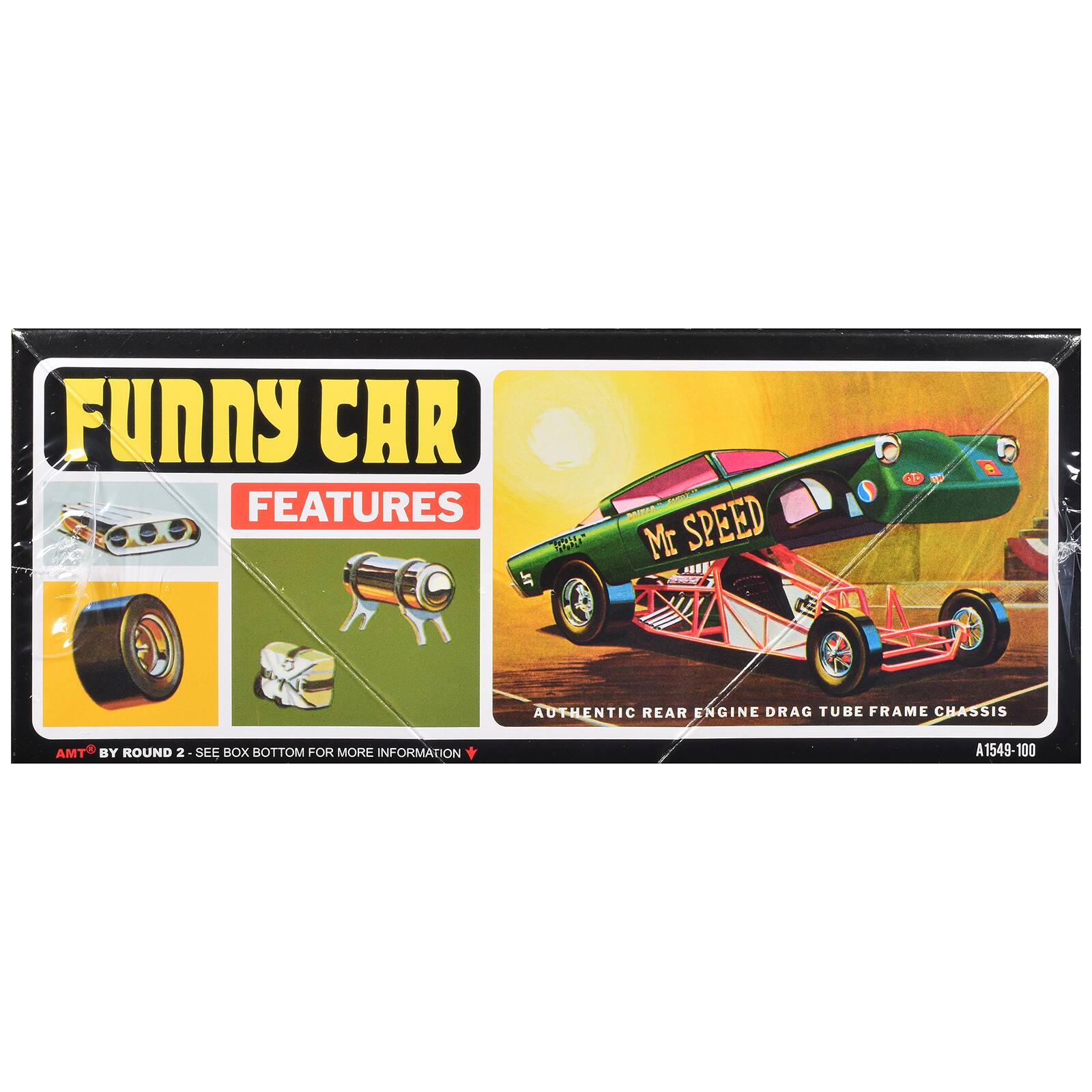 FUNNY CAR FEATURES

Mr SPEED
AUTHENTIC REAR ENGINE DRAG TUBE FRAME CHASSIS
AMT BY ROUND 2 - SEE BOX BOTTOM FOR MORE INFORMATION
A1549-100