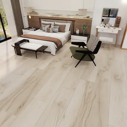 Front. Dotfloor - Superoak PLUS Laminate Flooring - 72.7"x9.6" Planks, 6 Planks/Box (27.09 sq ft/Box), 12mm Thick, AC5 Wear Rating - Platinum Oak.