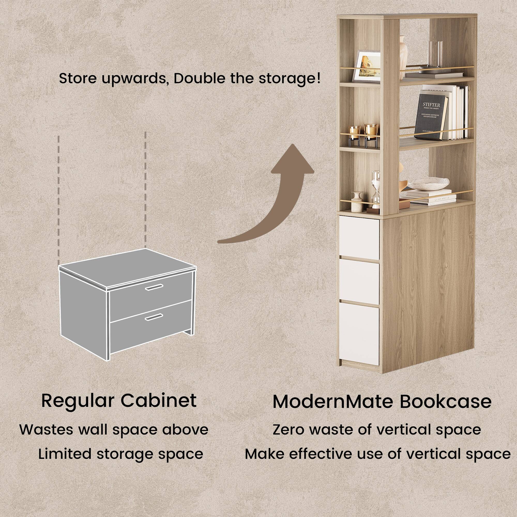 Store upwards, Double the storage!  
STIFTER | Regular Cabinet  
Wastes wall space above  
Limited storage space  
ModernMate Bookcase  
Zero waste of vertical space  
Make effective use of vertical space