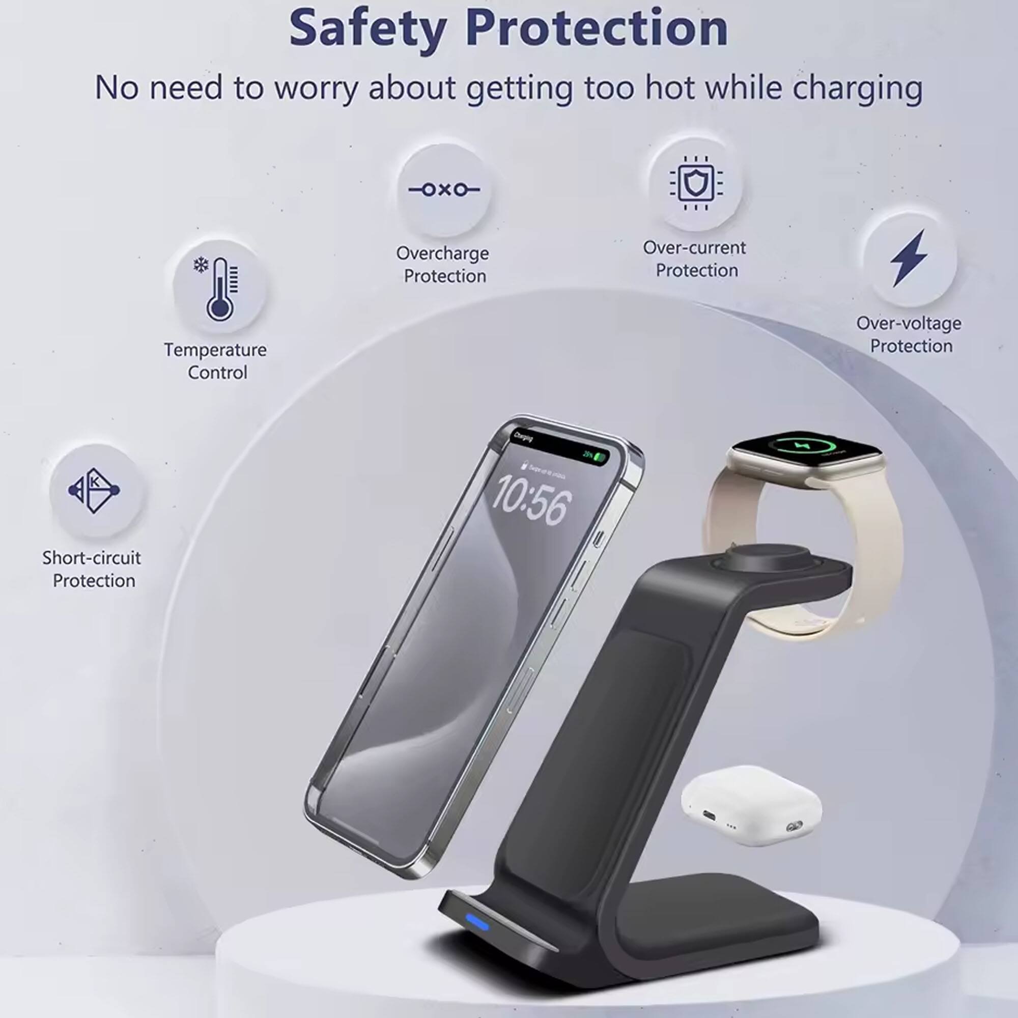 Safety Protection  
No need to worry about getting too hot while charging  
- Overcharge Protection  
- Over-current Protection  
- Temperature Control  
- Over-voltage Protection  
- Short-circuit Protection