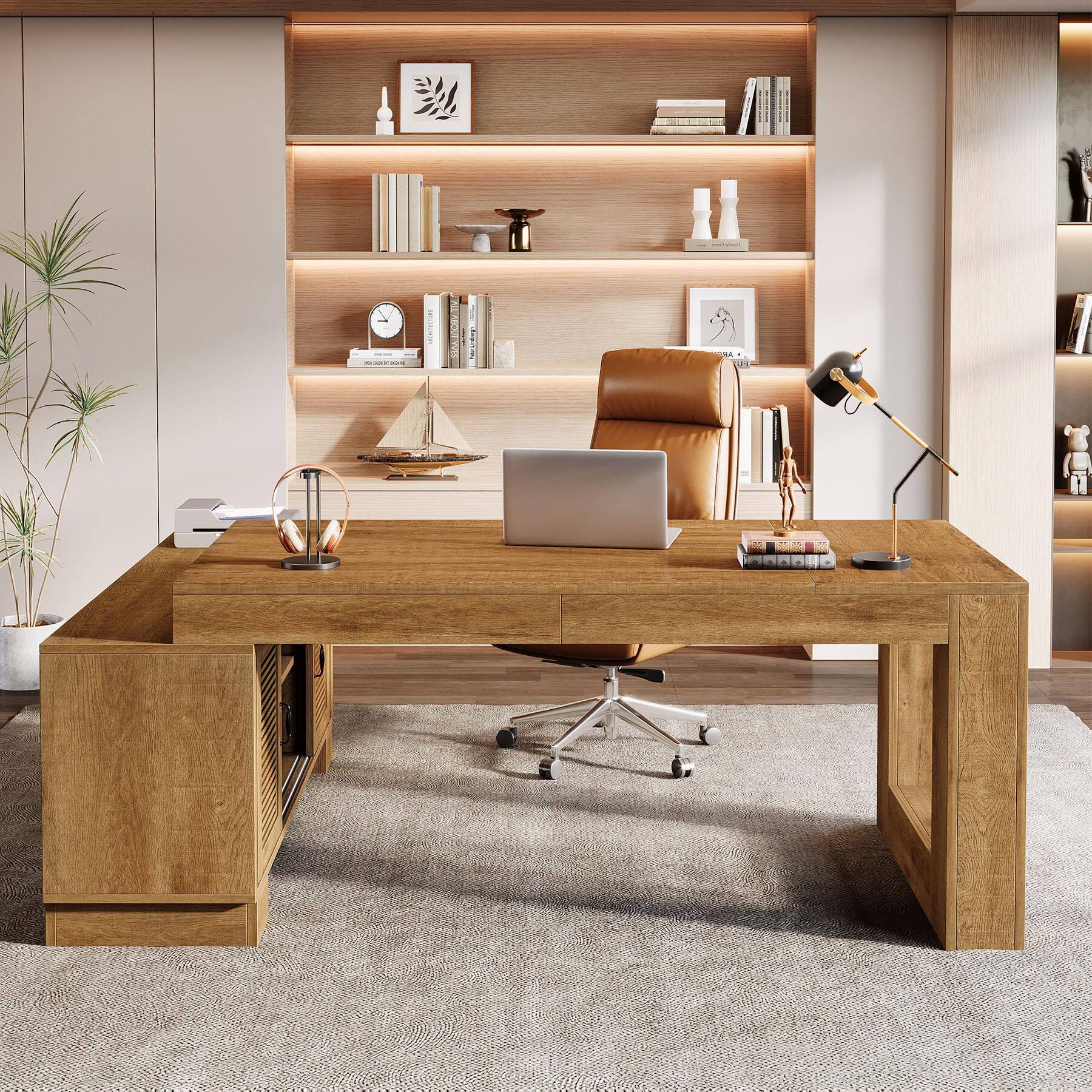 Alt View 2. Tribesigns - L Shaped Executive Desk with Storage Cabinets and 2-Tier Shelf, 78-Inch Simple Modern Business Furniture Large Computer - Dark Brown.