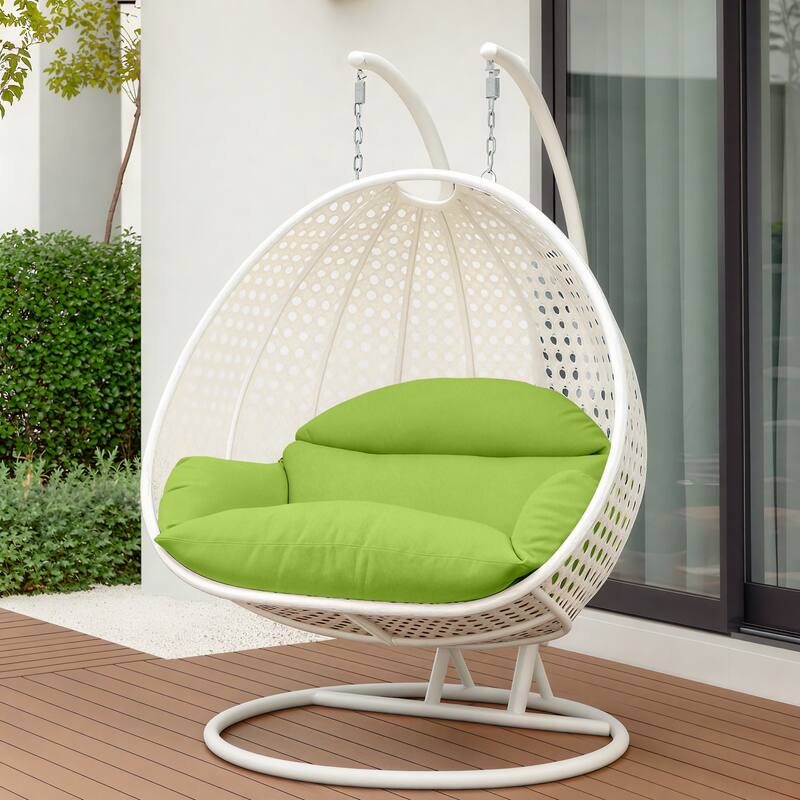 Angle. LeisureMod - Leisuremod Modern 2-Person Outdoor Egg Swing White Wicker Chair with Stand, Plush Washable Cushions & Waterproof Cover - Light Green.