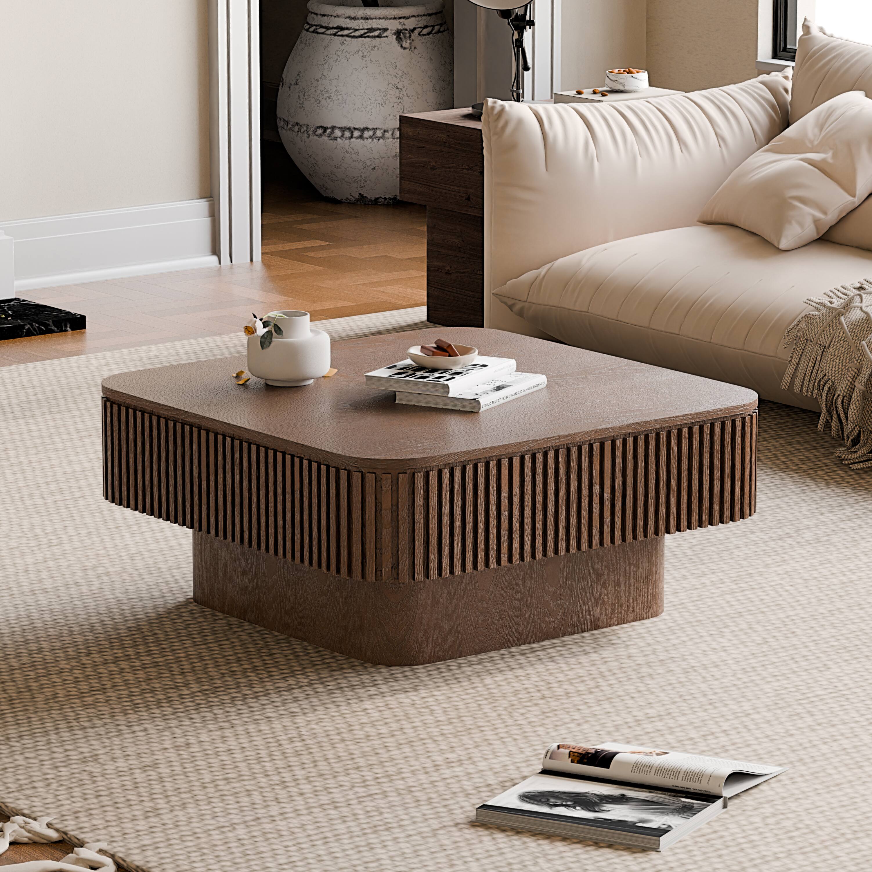 Angle. Loheer - Loheer 31.5 Inch Square Coffee Table with Storage Solid Wood Veneer Modern Walnut Tea Table for Apartment Living Room - Walnut.