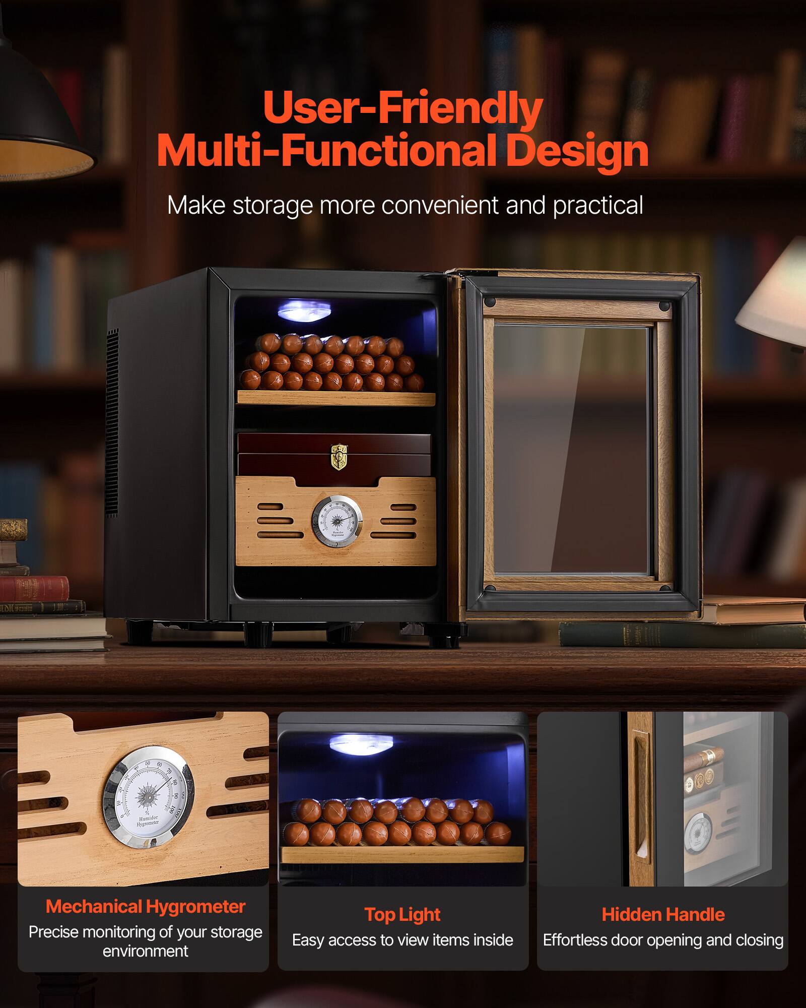 User-Friendly Multi-Functional Design  
Make storage more convenient and practical

- Mechanical Hygrometer  
  Precise monitoring of your storage environment

- Top Light  
  Easy access to view items inside

- Hidden Handle  
  Effortless door opening and closing