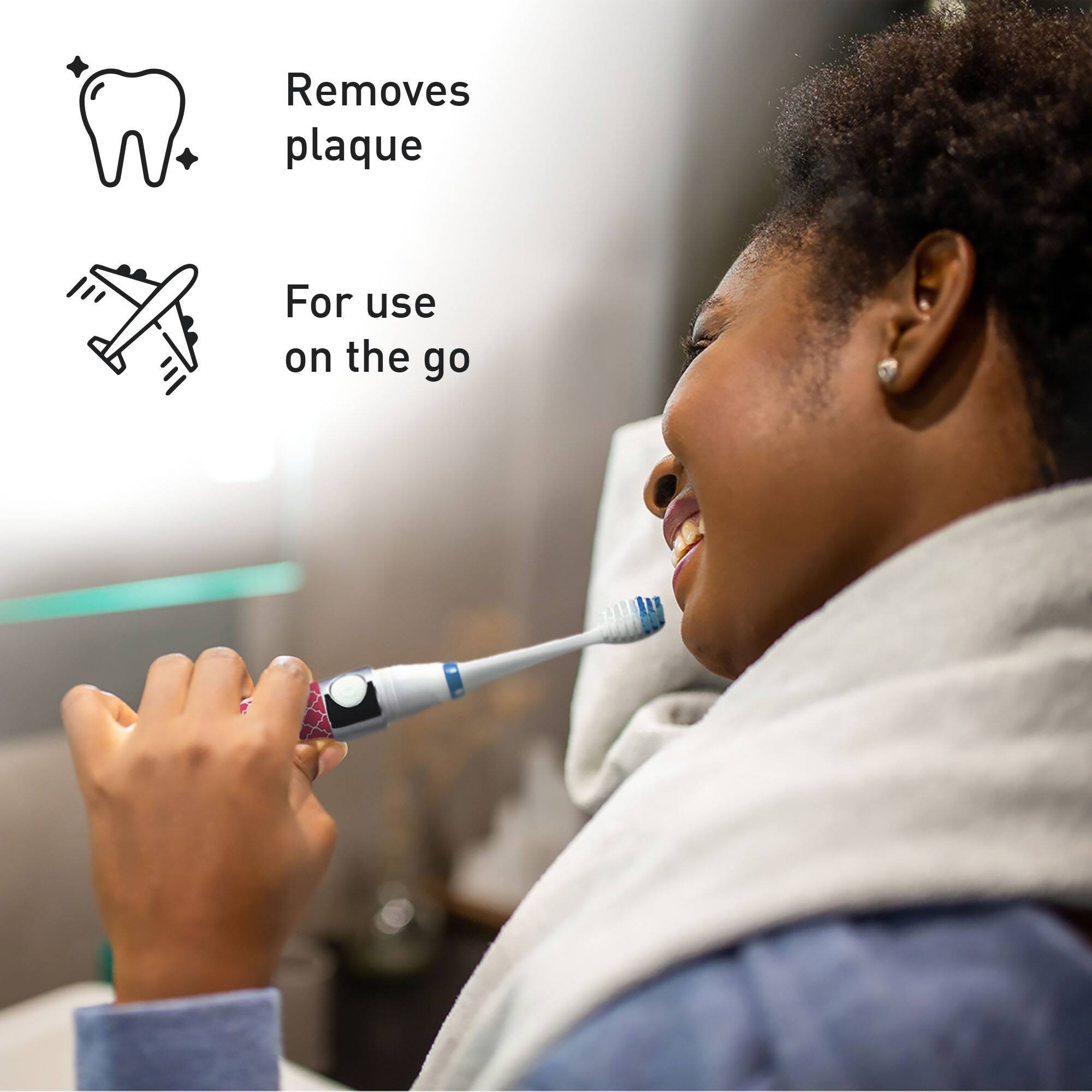 - Removes plaque
- For use on the go