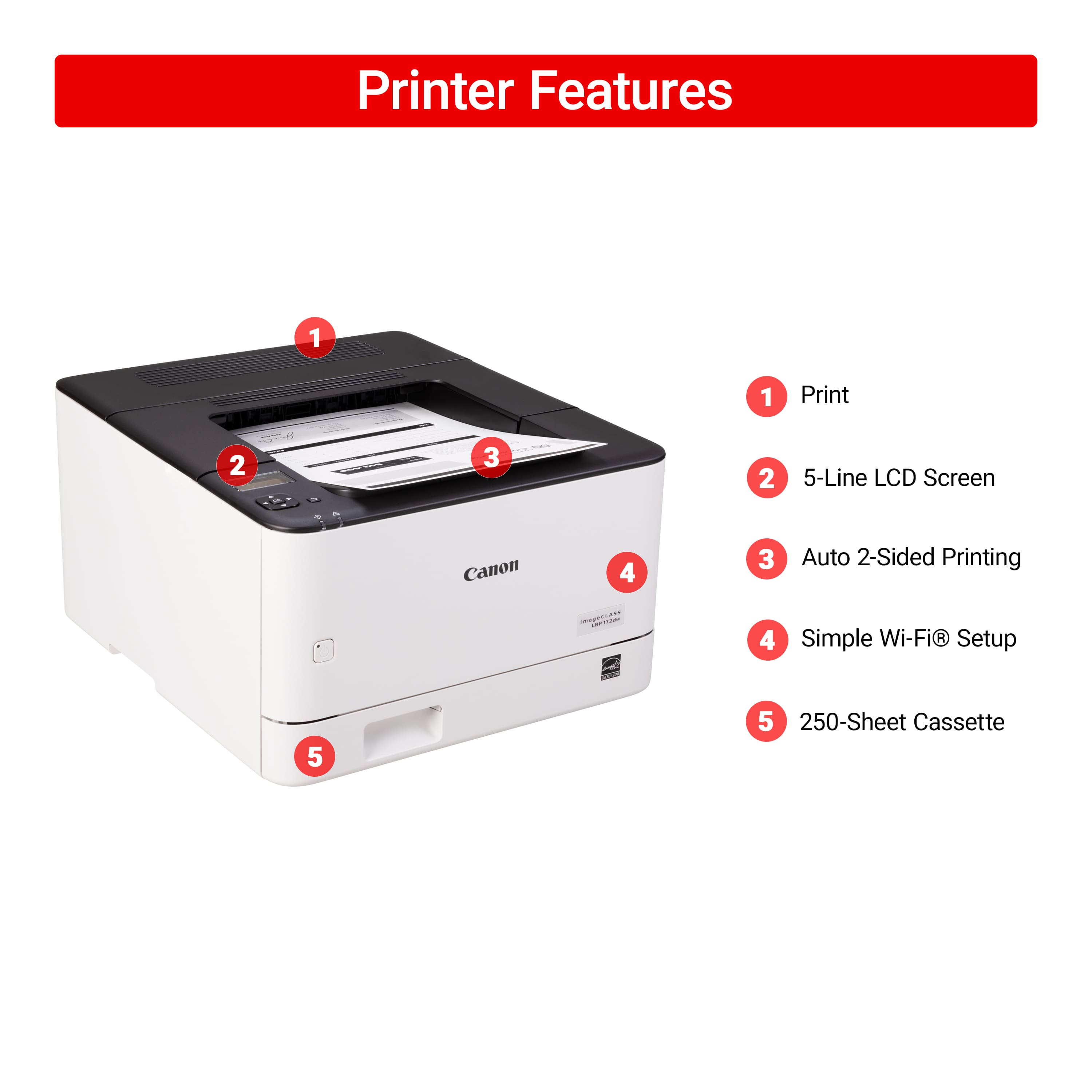 Printer Features:
1. Print
2. 2.5-Line LCD Screen
3. Canon
4. 3. Auto 2-Sided Printing
5. 4. Simple Wi-Fi Setup
6. 5. 250-Sheet Cassette