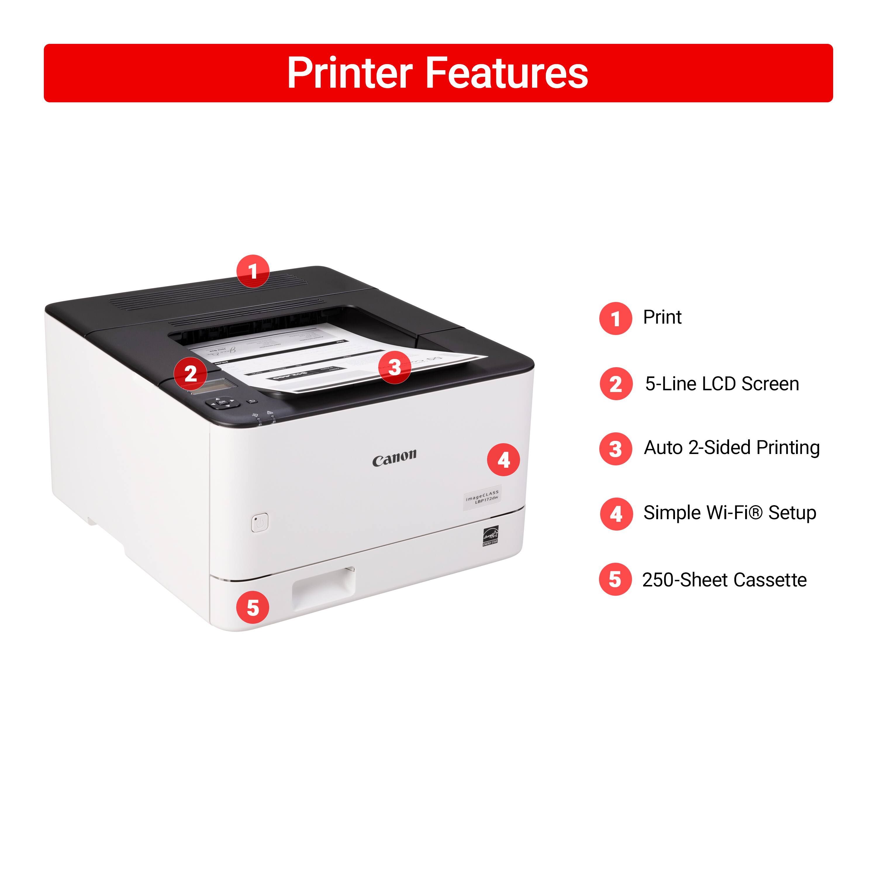 Printer Features:

1. Print
2. 2.5-Line LCD Screen
3. Canon
4. 3. Auto 2-Sided Printing
5. 4. Simple Wi-Fi Setup
6. 5. 250-Sheet Cassette