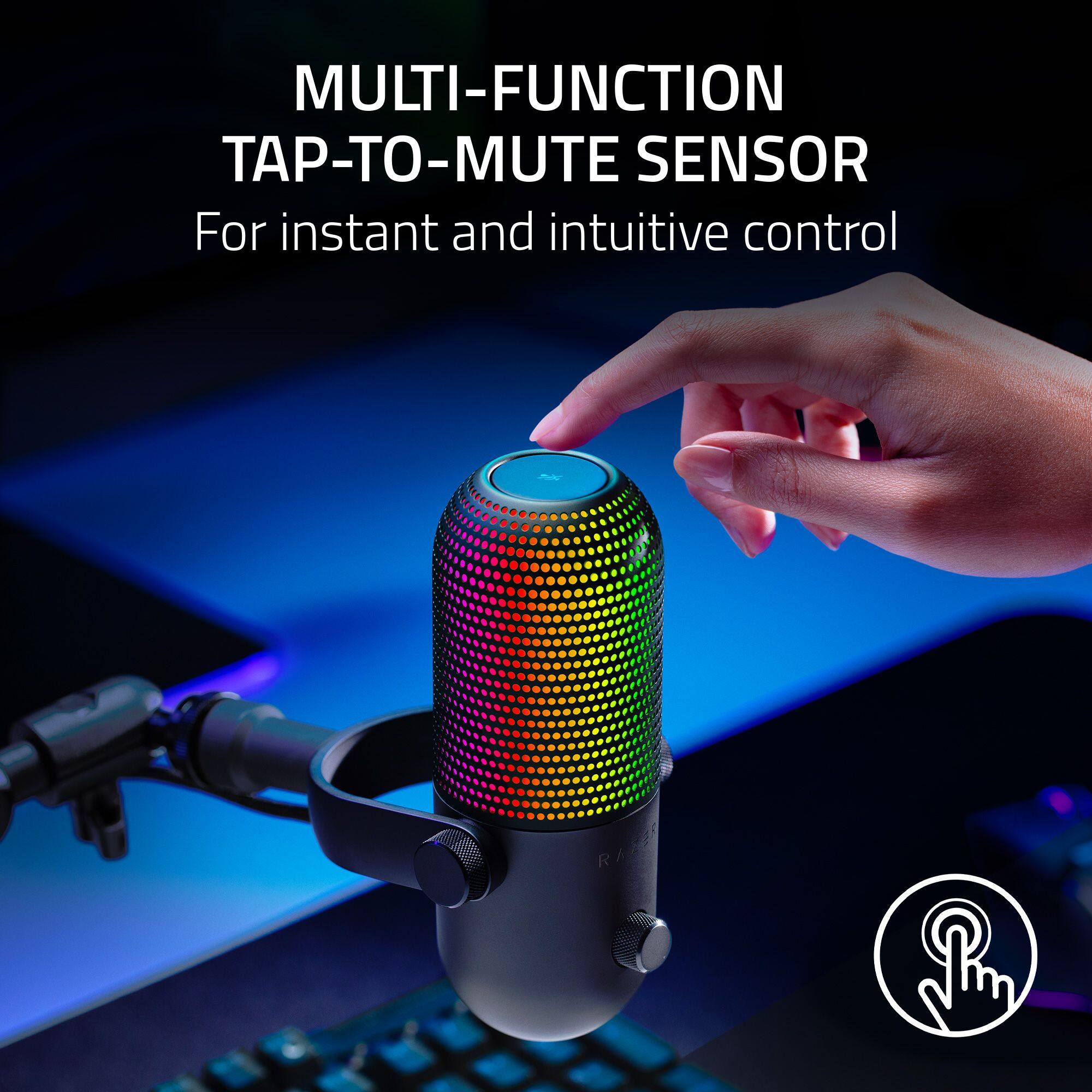 The text on the image reads: "MULTI-FUNCTION TAP-TO-MUTE SENSOR For instant and intuitive control."
