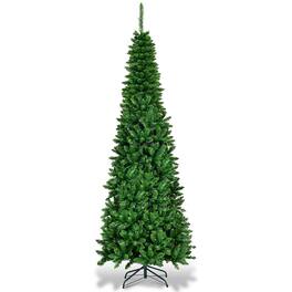 Costway - 7.5ft Pre-Lit Hinged Pencil Christmas Tree 350 White Lights - Green