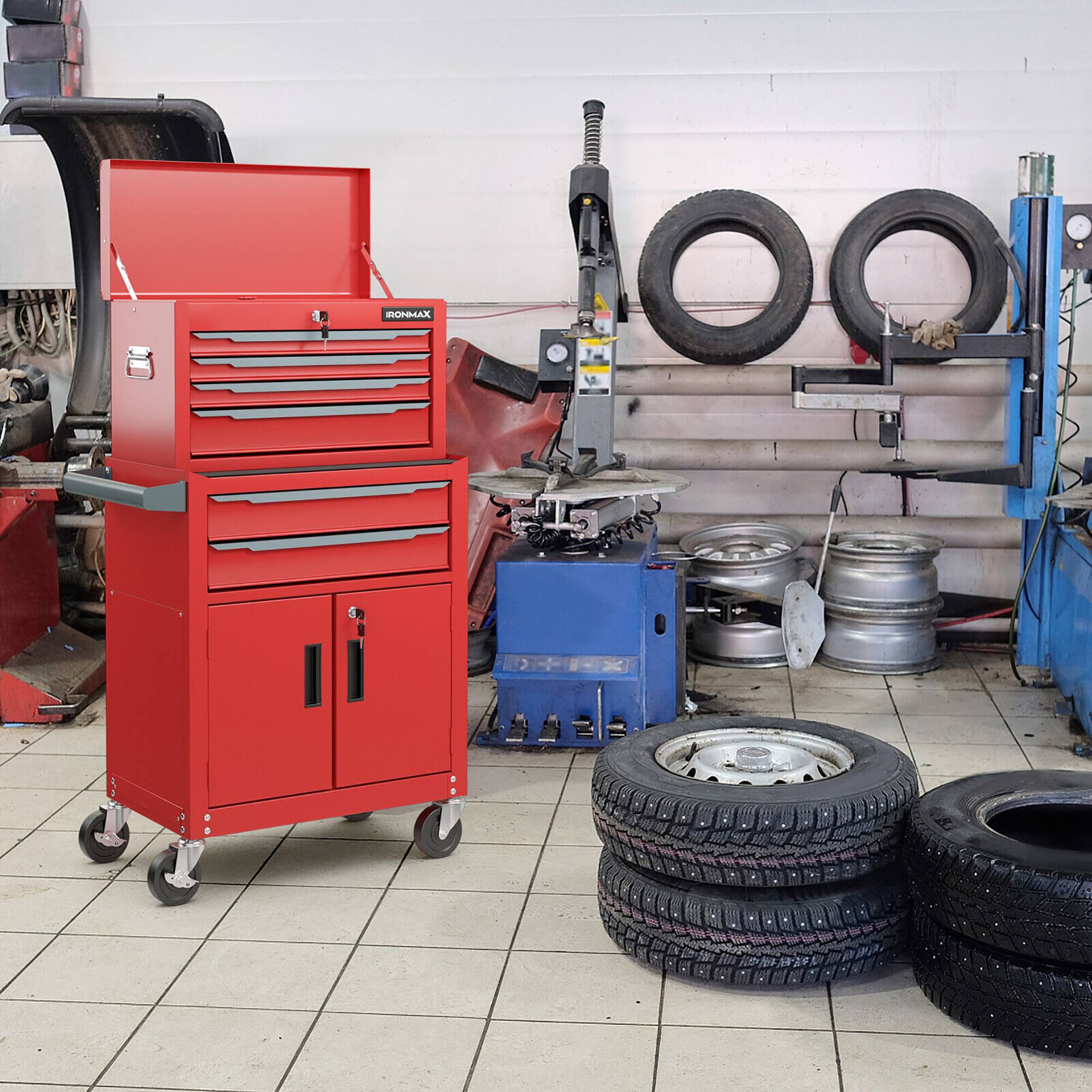 Alt View 1. Gymax - Gymax 2 in 1 Rolling Cabinet Storage Organizer Chest Box Garage 6 Drawer Toolbox Red - Red.