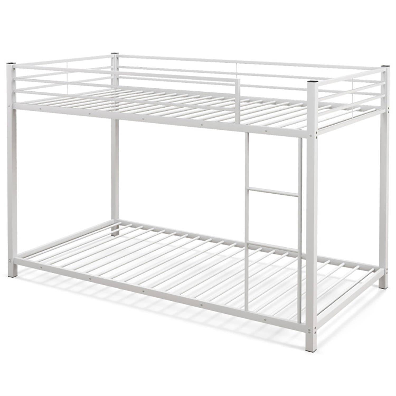 Front. Pefilos - Low Profile Twin Over Twin Bunk Bed with Full-length Guardrails, Sturdy Metal Twin Bunk Beds, Bed Frame - White.