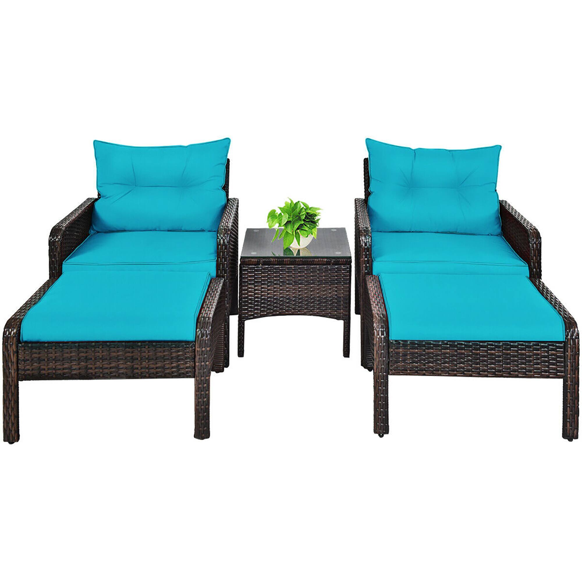Alt View 7. Costway - Costway 5 PCS Patio Rattan Furniture Set Sofa Ottoman Table Cushioned - Turquoise.