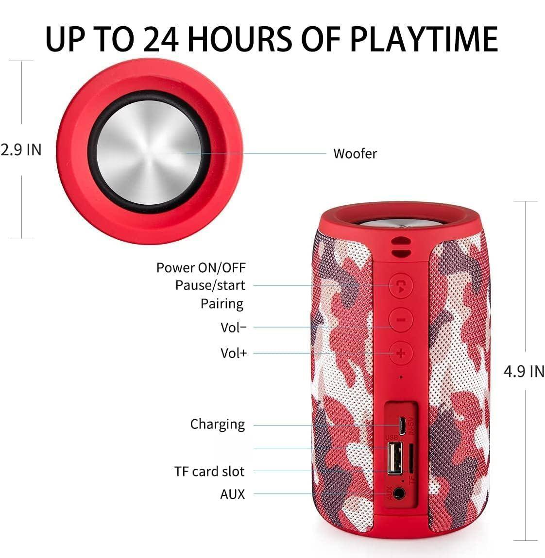 Alchemy Casas - Musibaby M68 Portable Speakers - Wireless Waterproof Dual Pairing Deep Bass Small & Loud With 24h Playtime - Camo Red