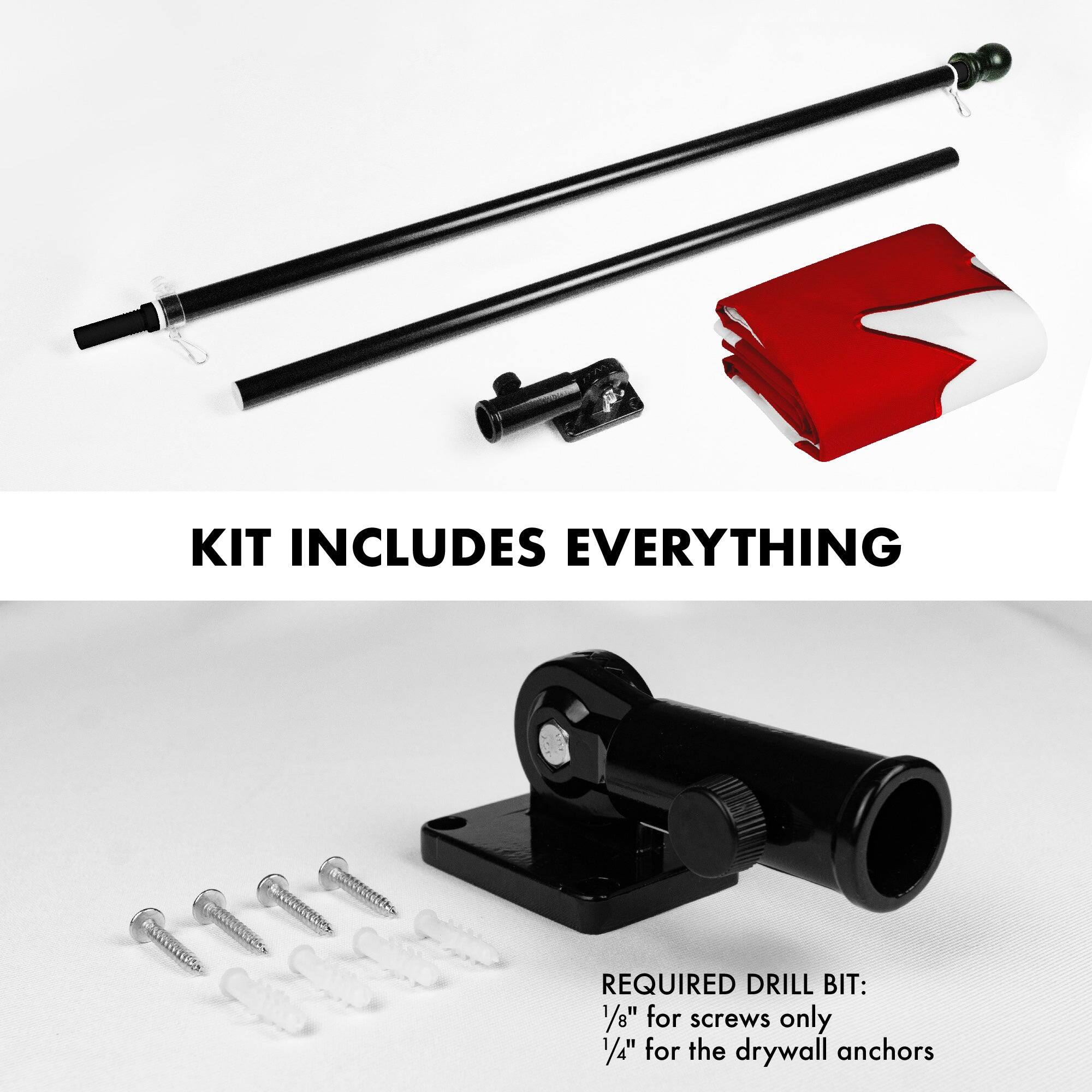 KIT INCLUDES EVERYTHING

REQUIRED DRILL BIT:
1/8" for screws only
1/4" for the drywall anchors