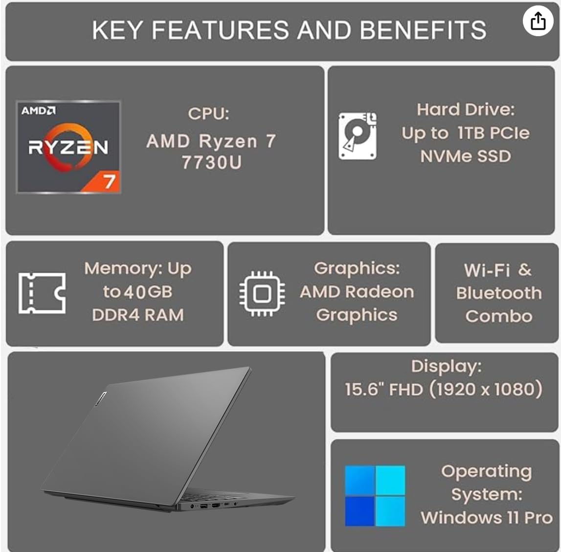 KEY FEATURES AND BENEFITS

CPU: AMD Ryzen 7 7730U

Memory: Up to 40GB DDR4 RAM

Graphics: AMD Radeon Graphics

Wi-Fi & Bluetooth Combo

Hard Drive: Up to 1TB PCIe NVMe SSD

Display: 15.6" FHD (1920 x 1080)

Operating System: Windows 11 Pro