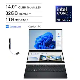ASUS - Zenbook Duo 2-in-1 Laptop 14.0 2.8K (Intel Ultra 7-255H, 32GB LPDDR5X, 1TB SSD, Win 11 Home) w/USB Hub - Inkwell Gray