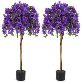 Costway - 53" Artificial Azalea Tree Faux Floral Plant w/ Red Azalea Flowers Nursery Pot - Green,Purple
