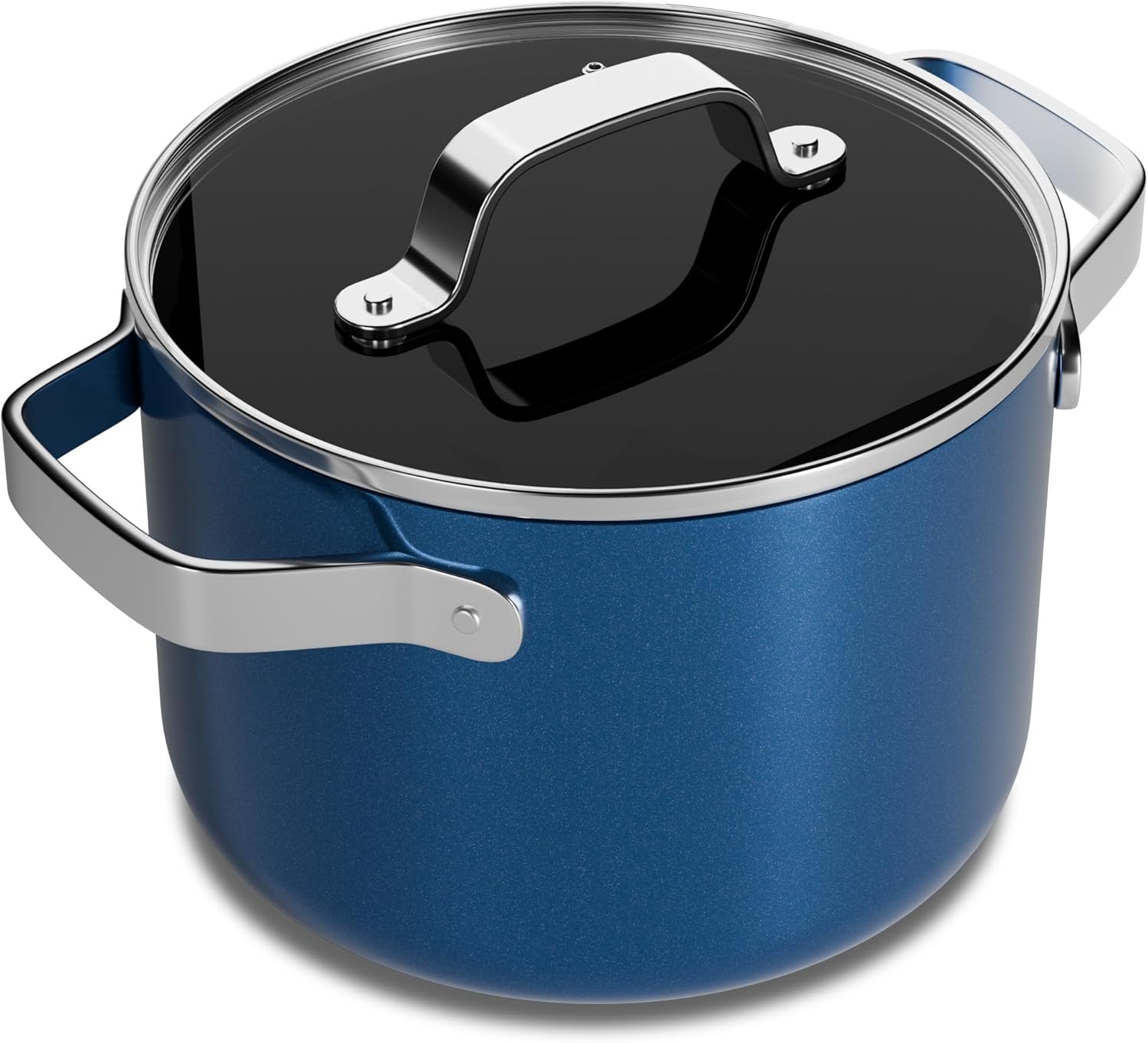 Front. Bakken- Swiss - 3 Qt Aluminum Stock Pot, Nonstick Ceramic Coating, PTFE & PFAS Free, Oven Safe 500°F, SS Handles, Glass Lid - Blue.