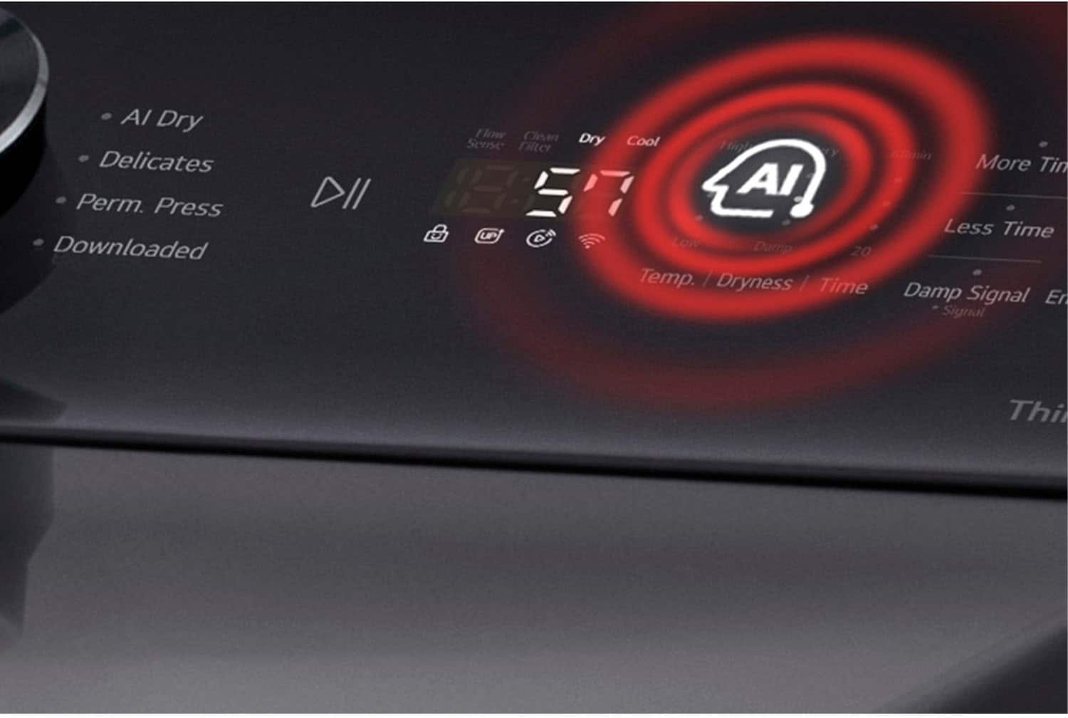 AI Dry Delicates Perm. Press Downloaded Flow Clean Series Dry Cool Hiot filler Y 60min More Time DII 57 AI UP Less Time D LOW Domo 20 Temp. / Dryness Time Damp Signal En Signal Thi