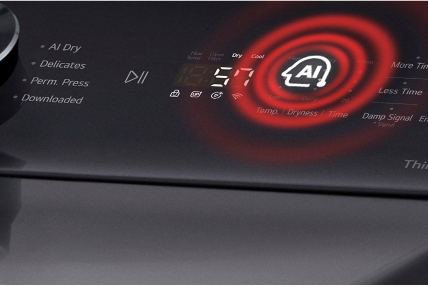 AI Dry Delicates Perm. Press Downloaded Flow Clean Series Dry Cool Hiot filler Y 60min More Time DII 57 AI UP Less Time D LOW Domo 20 Temp. / Dryness Time Damp Signal En Signal Thi