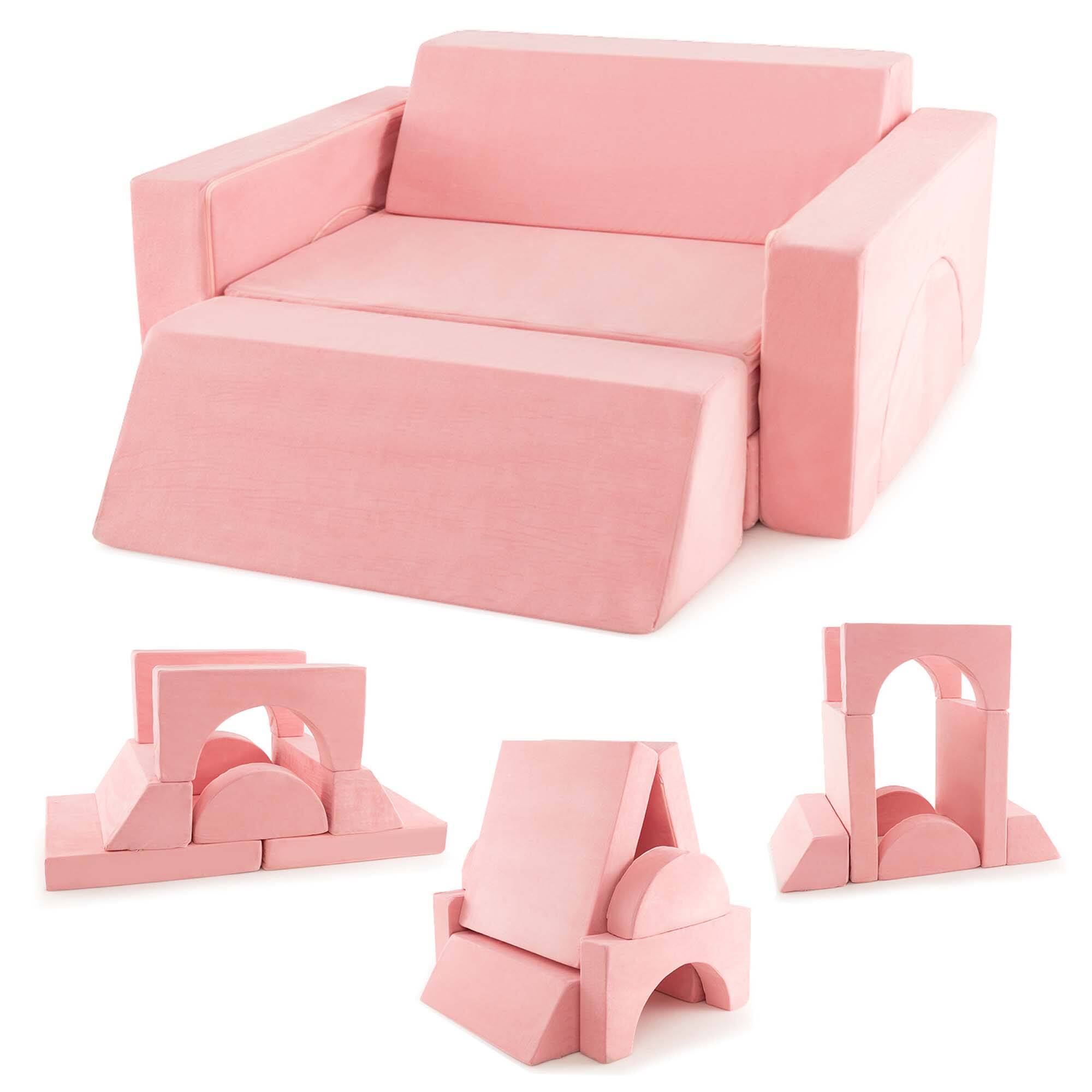 Costway - Kids Modular Play Sofa 8 PCS with Detachable Cover for Playroom & Bedroom Indoor - Pink