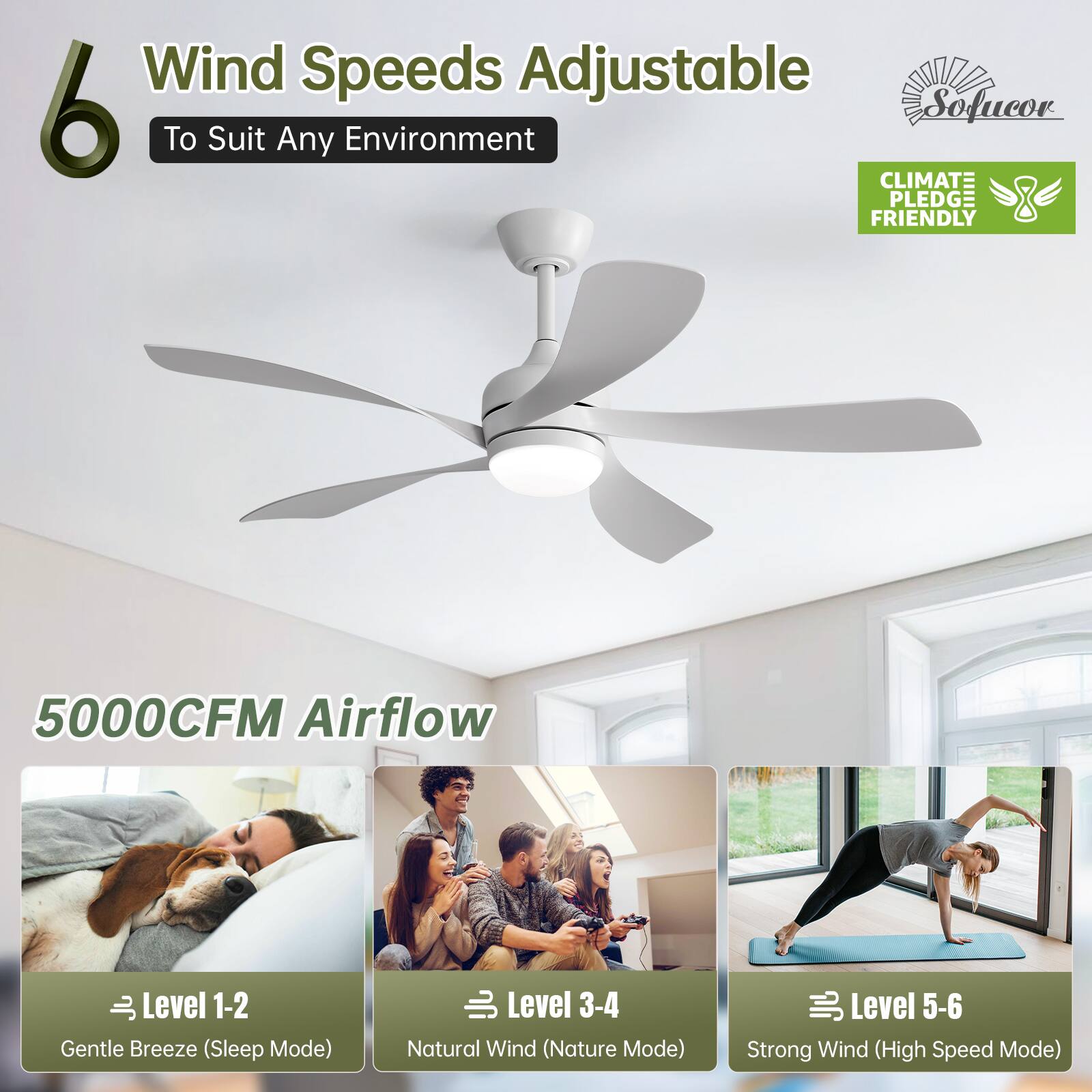 Wind Speeds Adjustable  
6 To Suit Any Environment  

5000CFM Airflow  

Level 1-2: Gentle Breeze (Sleep Mode)  
Level 3-4: Natural Wind (Nature Mode)  
Level 5-6: Strong Wind (High Speed Mode)  

CLIMATE PLEDGE FRIENDLY