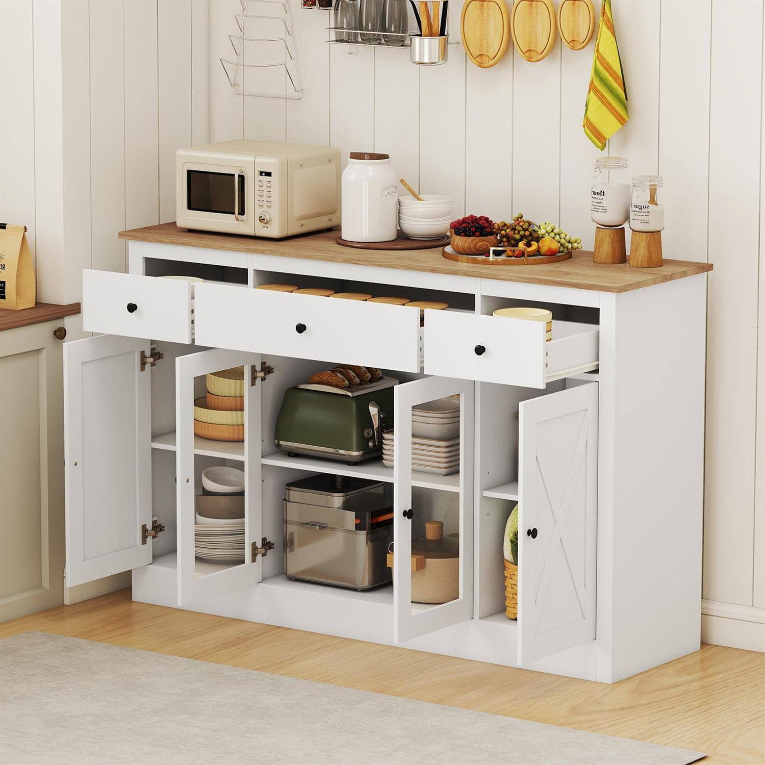 Back. Pefilos - 55" Large Buffet Sideboard,3-Drawer 2 Glass Doors,Adjustable Shelves Anti-Tip,White - White.