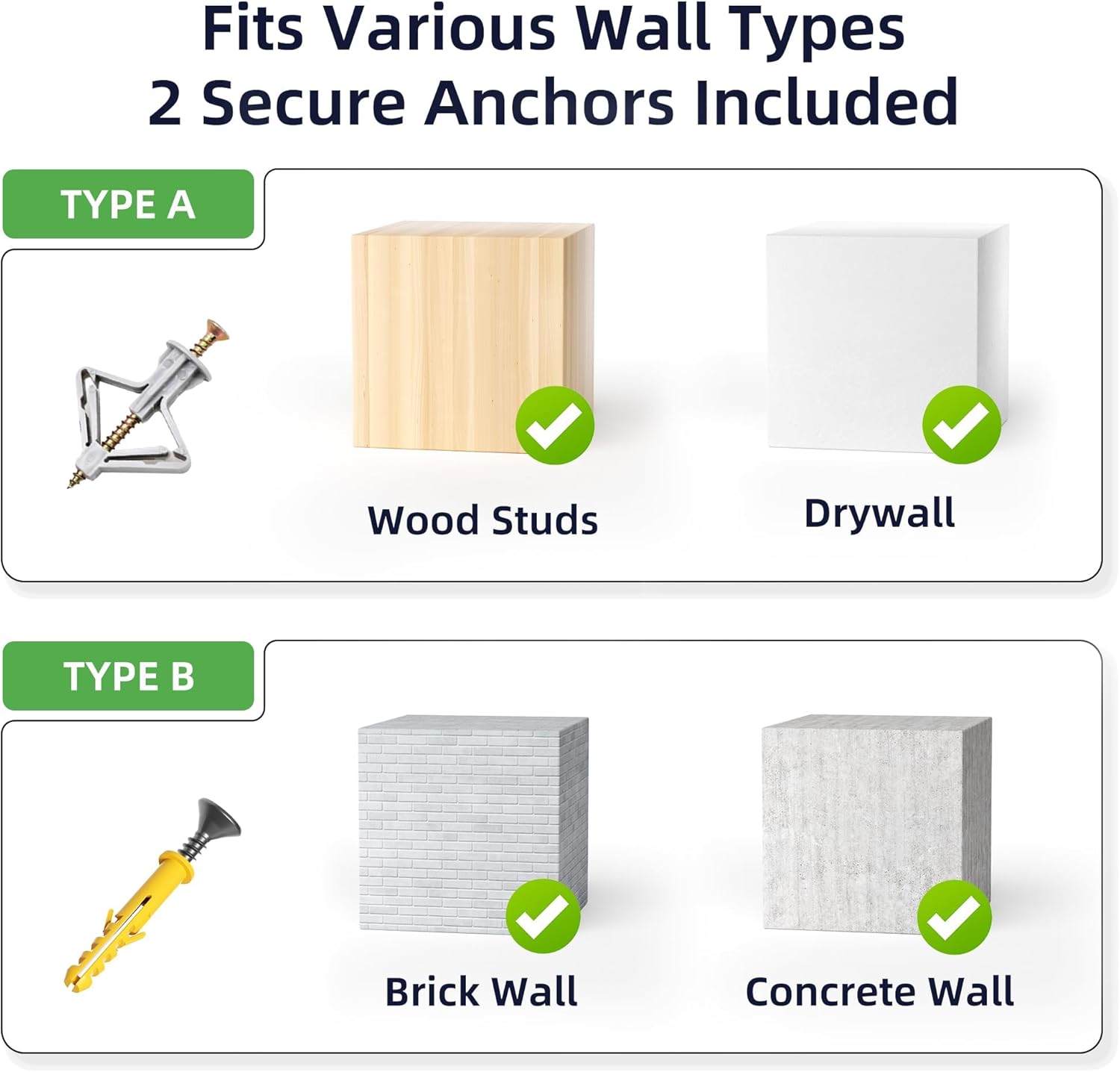 Fits Various Wall Types  
2 Secure Anchors Included  

TYPE A  
- Wood Studs  
- Drywall  

TYPE B  
- Brick Wall  
- Concrete Wall