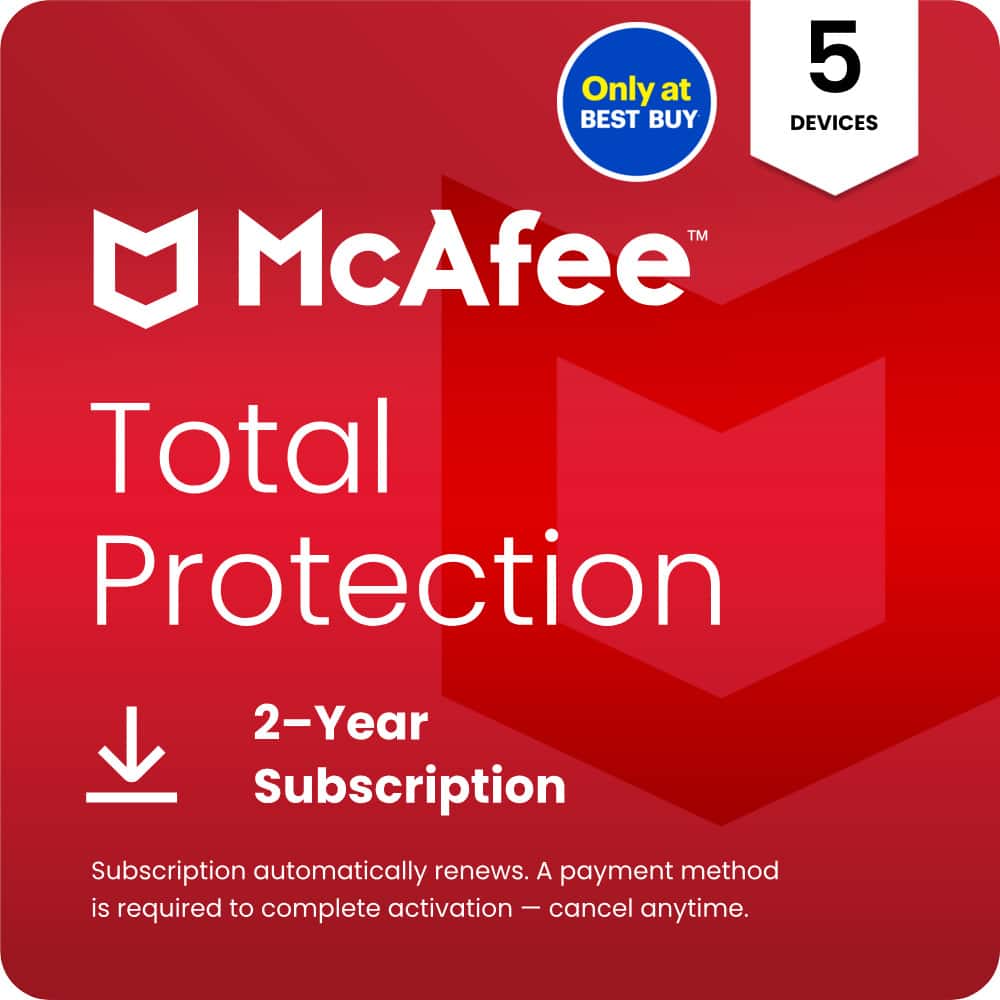 McAfee - Total Protection (5-Device) Antivirus Software with Scam Protection (2-Year Subscription with Auto-Renewal) - Windows, Mac OS, Chrome, Apple iOS, Android [Digital] - Front_Zoom